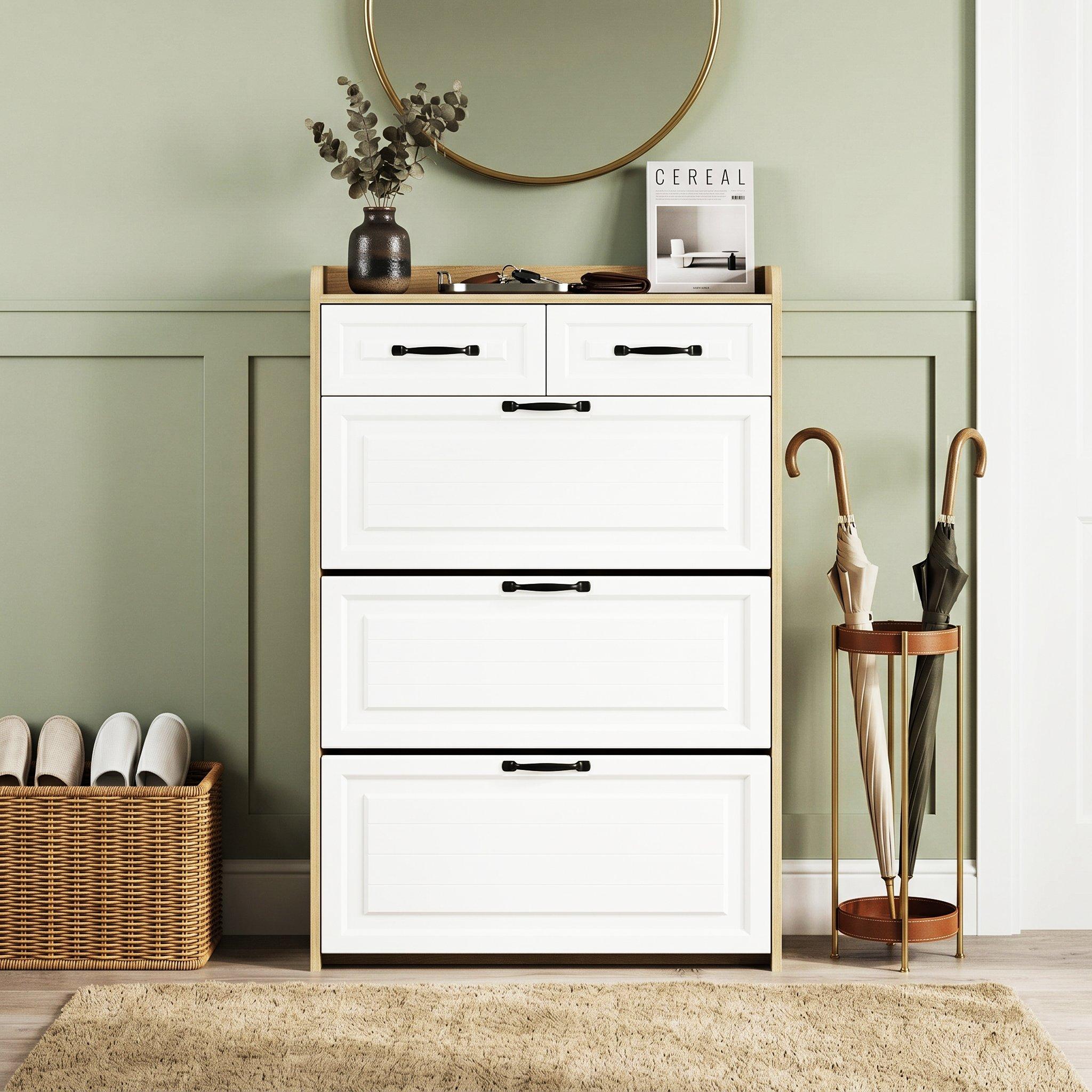 White - Urban Meuble - Narrow Shoe Storage Cabinet with Drawers - 1