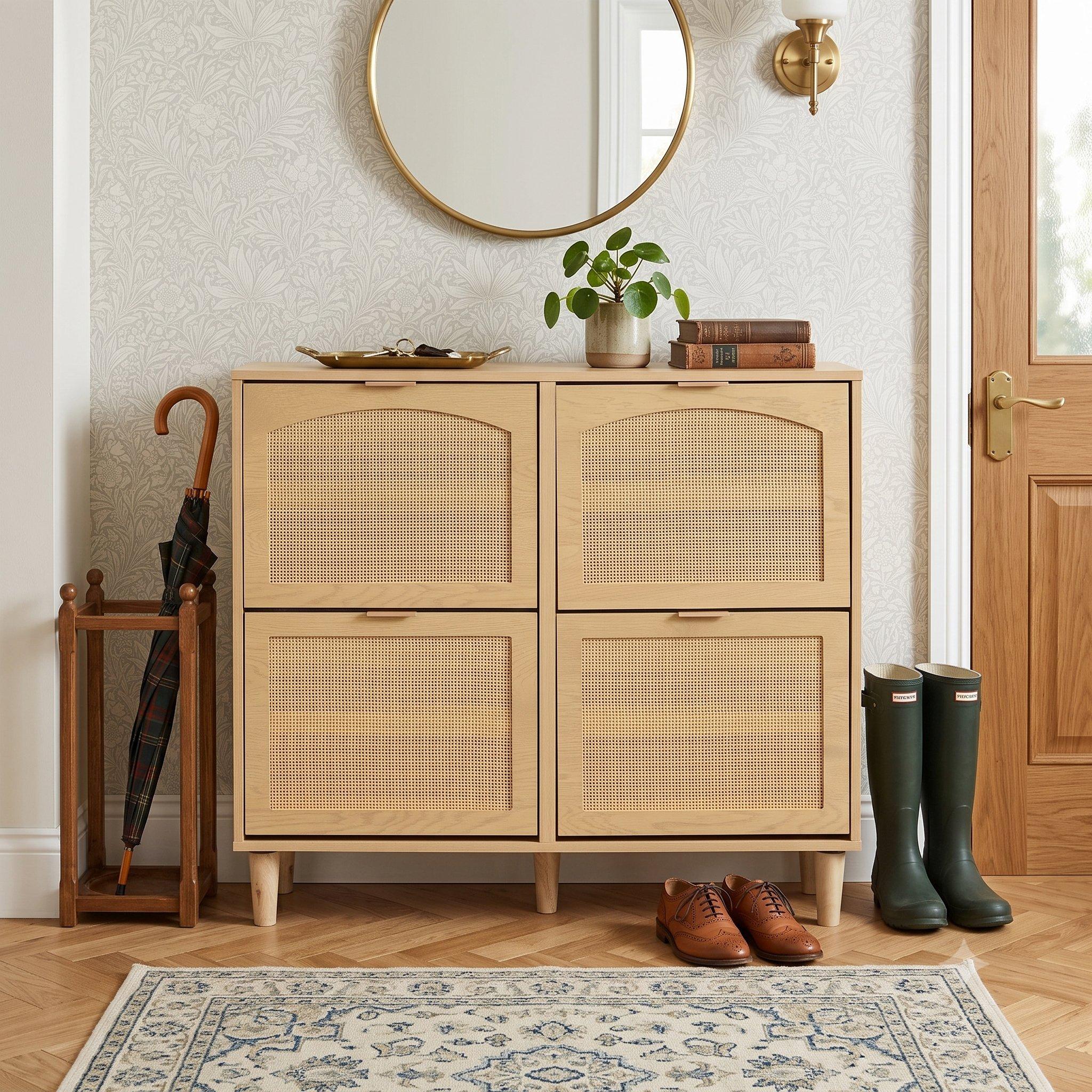 Oak - Urban Meuble - Farmhouse Rattan Shoe Storage Cabinet - 1