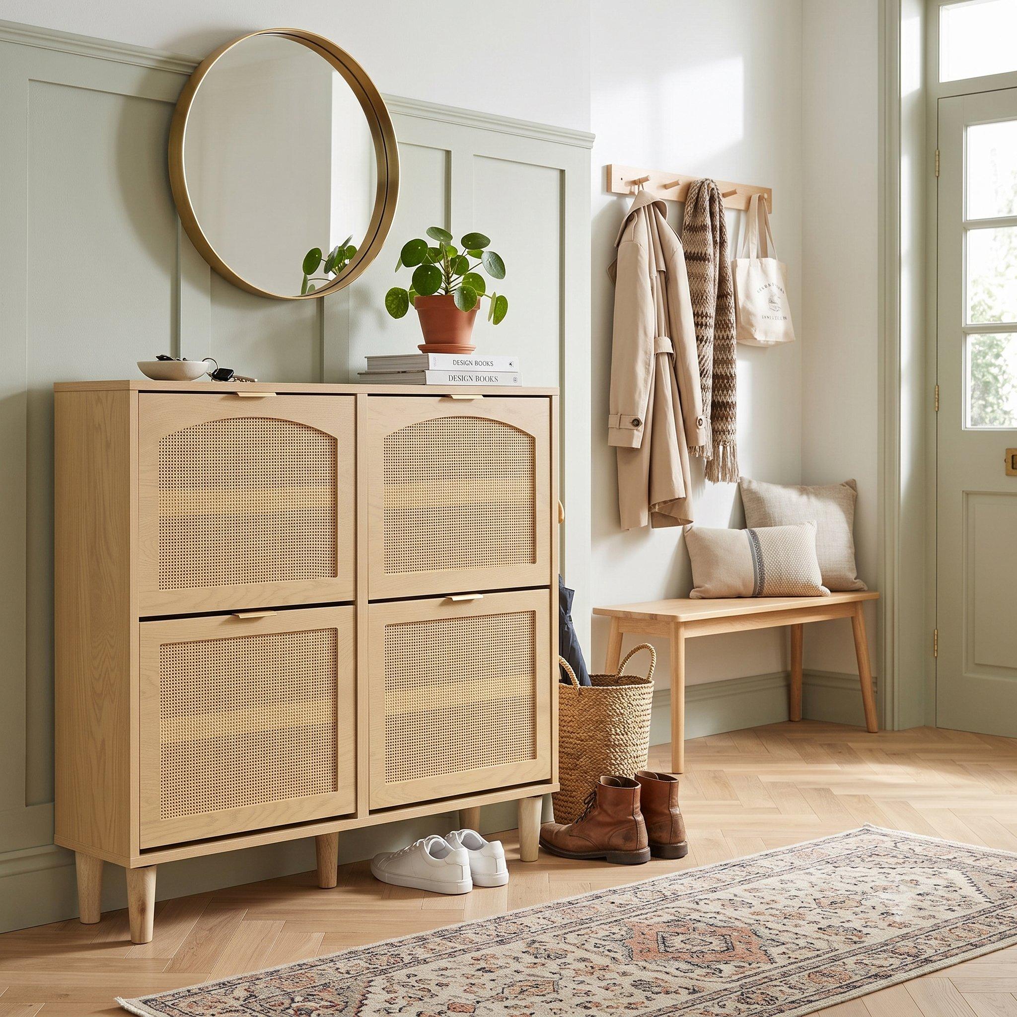 Oak - Urban Meuble - Farmhouse Rattan Shoe Storage Cabinet - 2