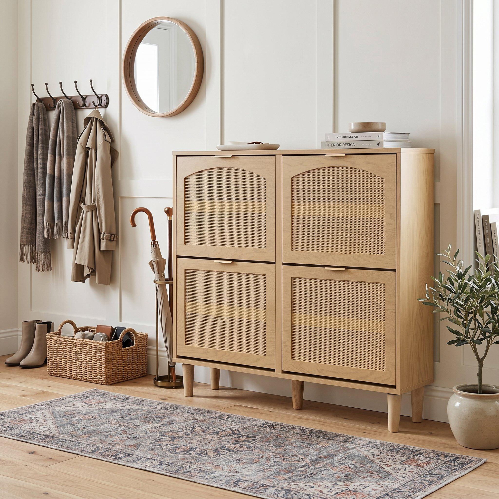 Oak - Urban Meuble - Farmhouse Rattan Shoe Storage Cabinet - 4