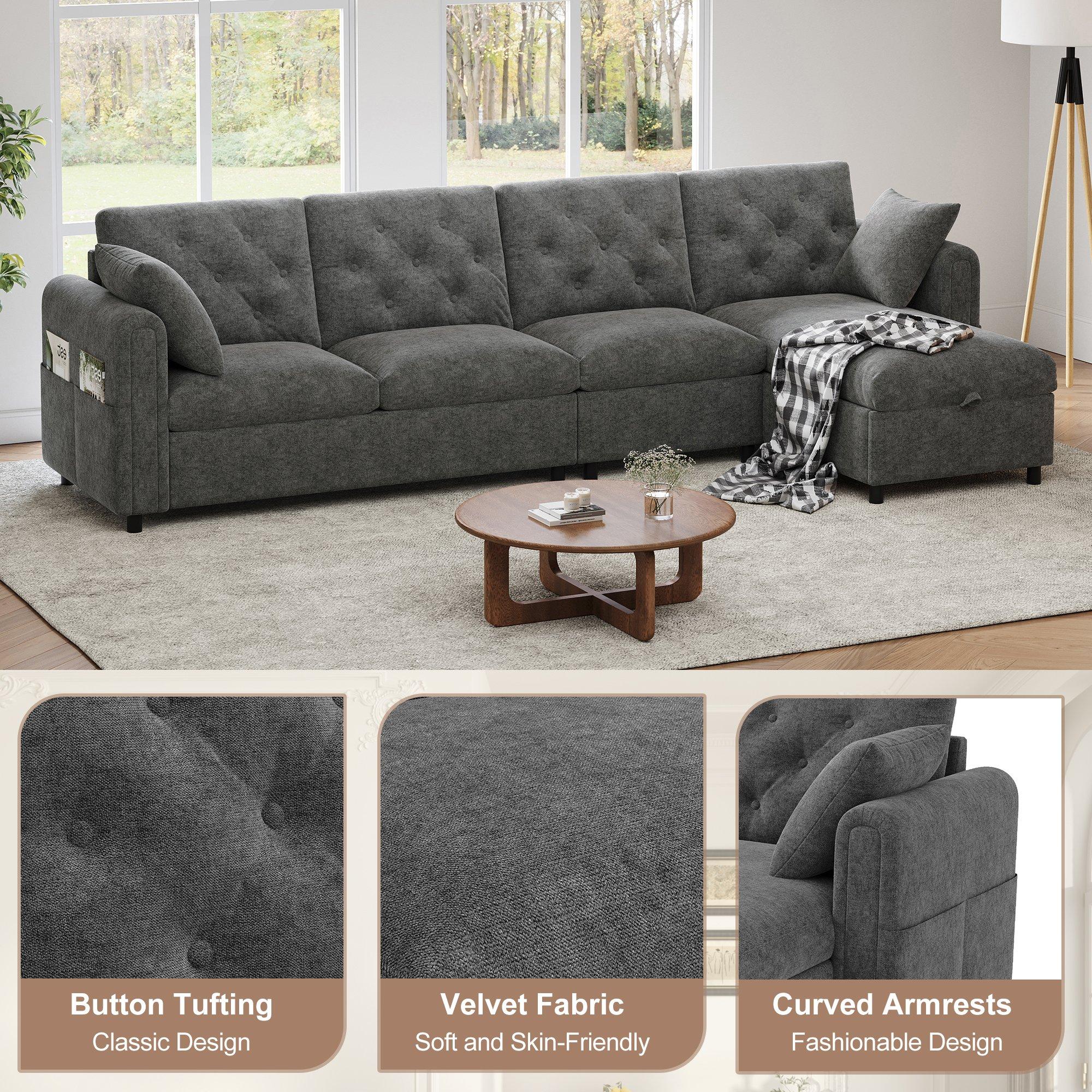 Grey - Urban Meuble - Modern Velvet Sofa with Storage Chaise - 11