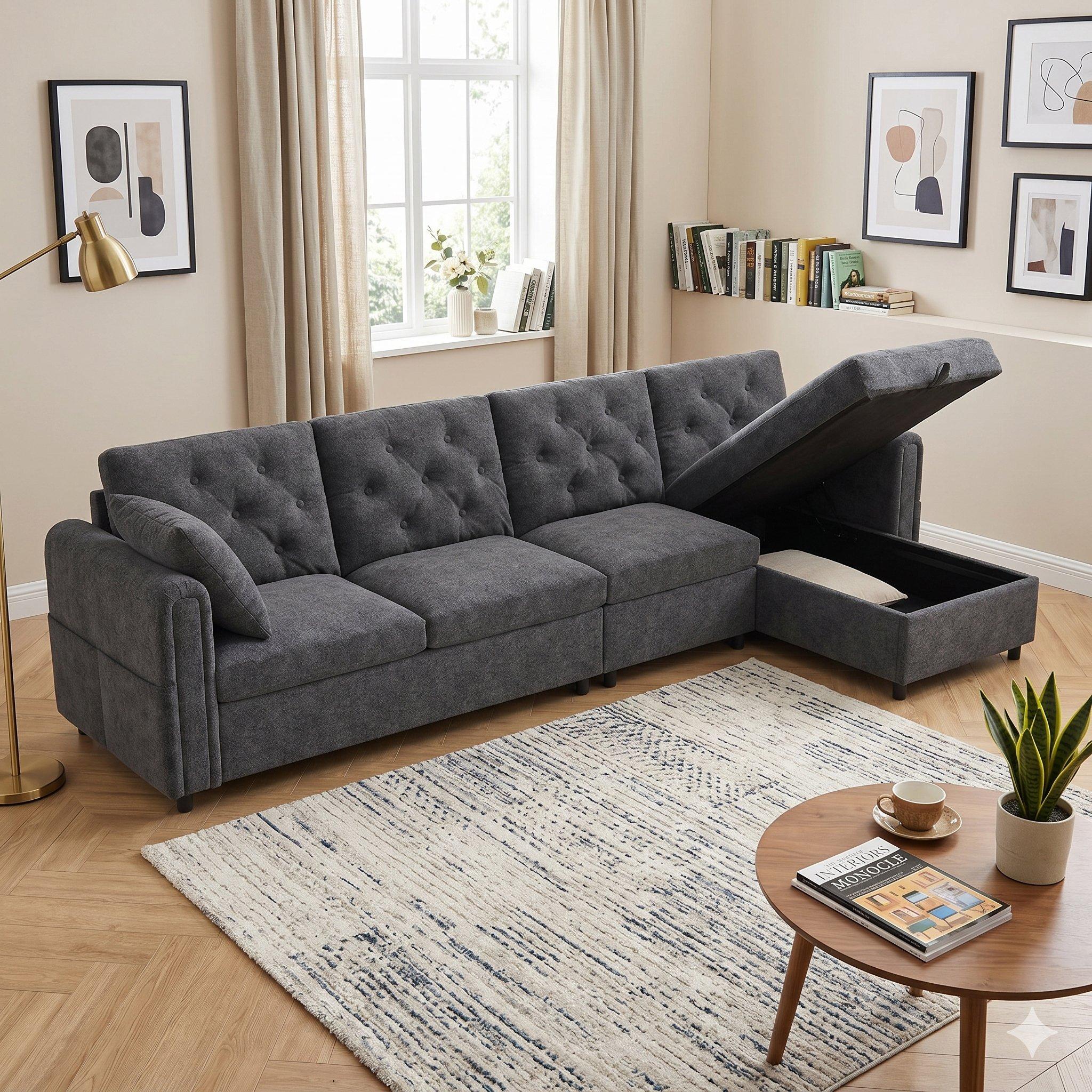 Grey - Urban Meuble - Modern Velvet Sofa with Storage Chaise - 4