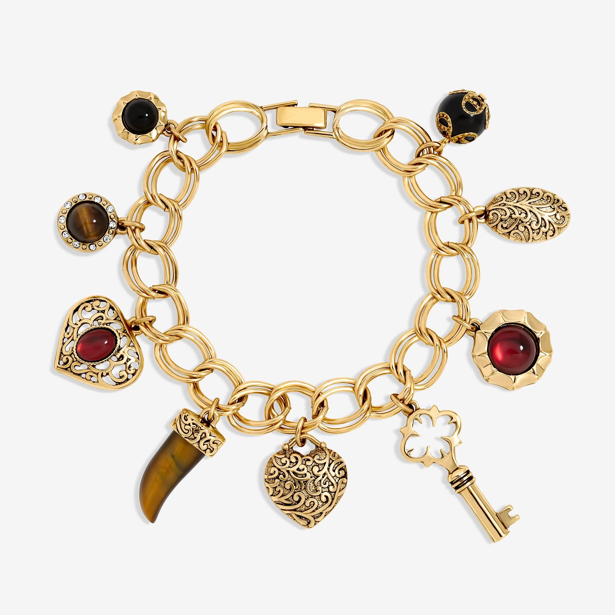 Gold - Mood - Polished Gold & Burgundy Heart Charm Bracelet - 1