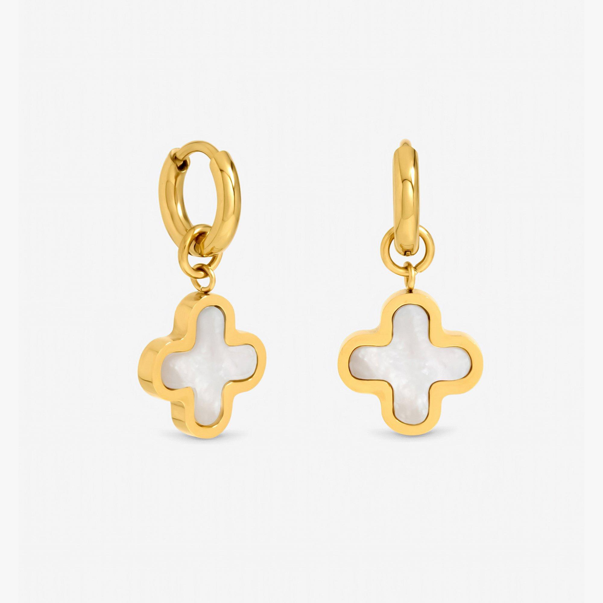 Jon Richard Women's Waterproof Mother Of Pearl Clover Huggies - Gold