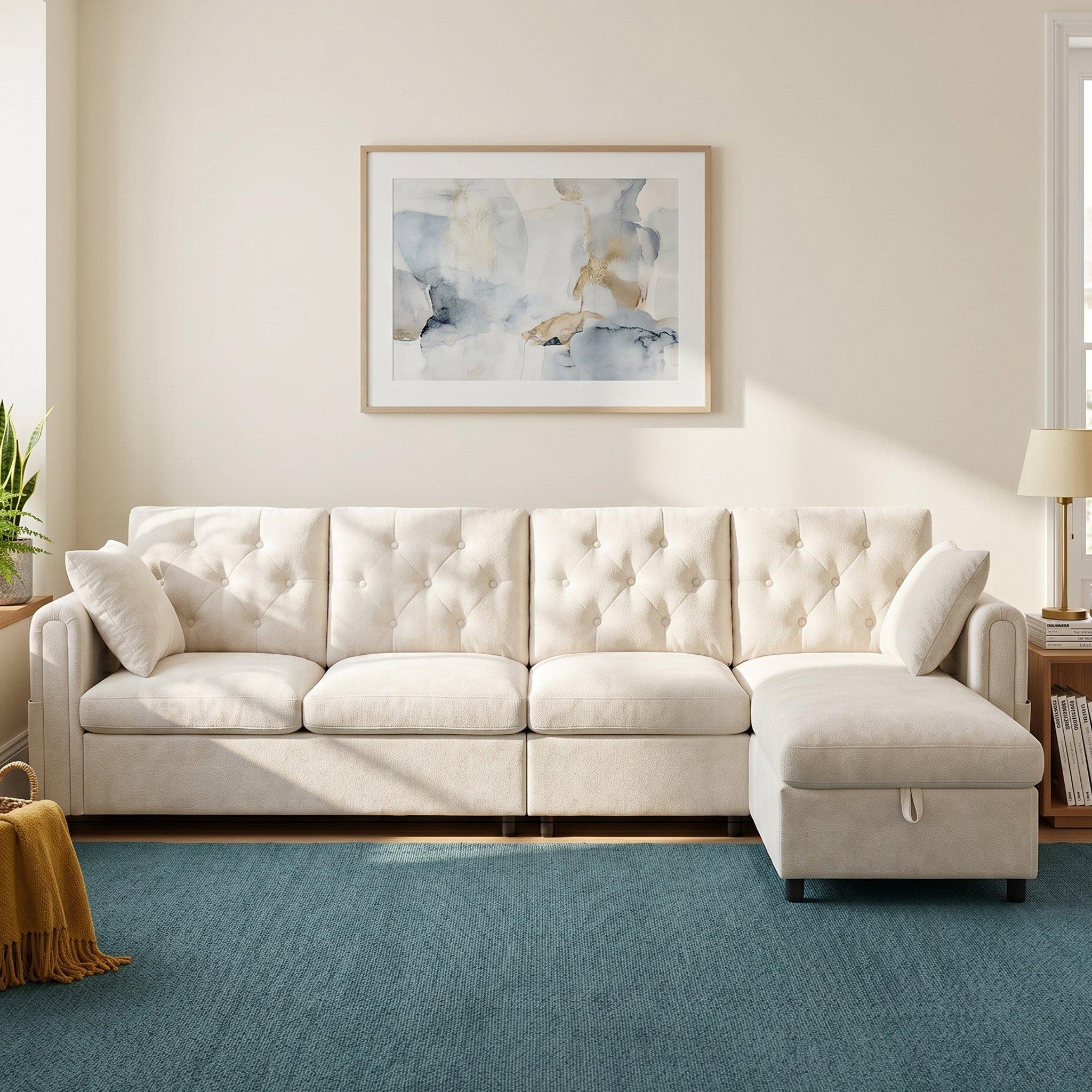 Beige - Urban Meuble - Modern L-Shaped Sofa with Storage Chaise - 2