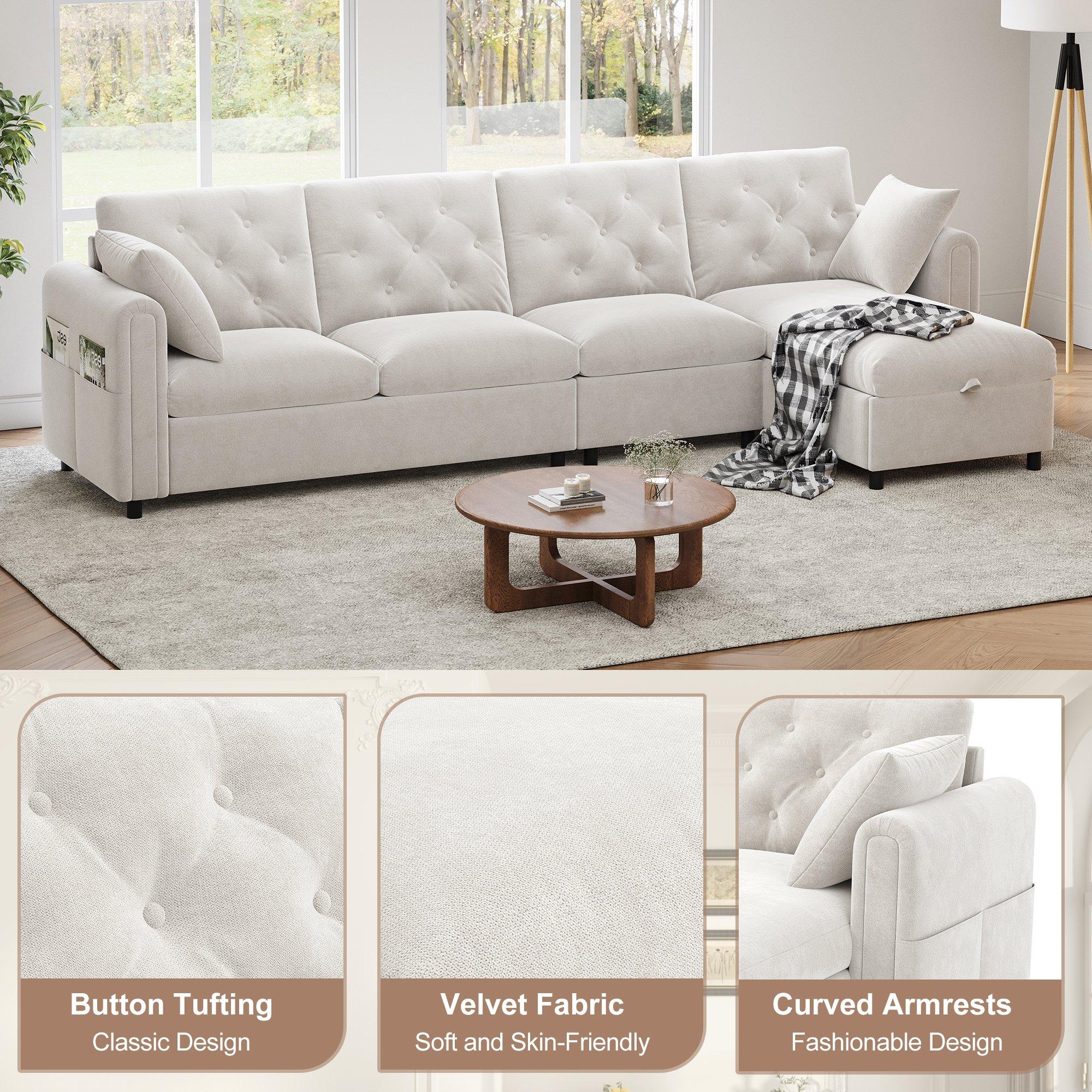 Beige - Urban Meuble - Modern L-Shaped Sofa with Storage Chaise - 12