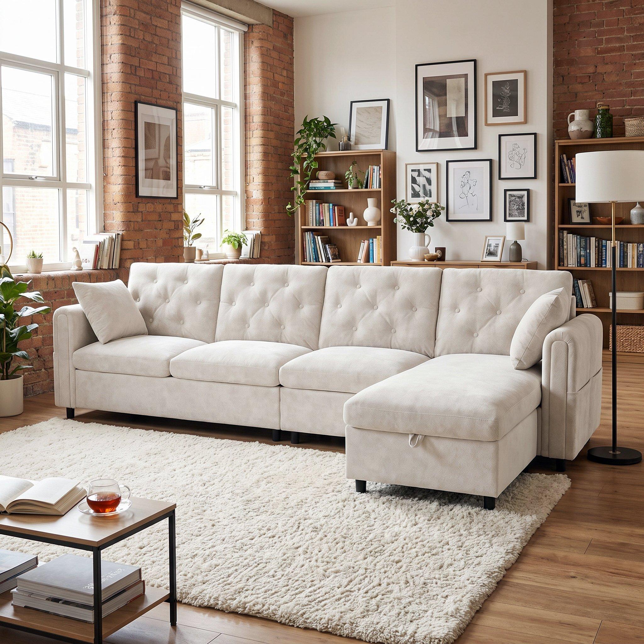 Beige - Urban Meuble - Modern L-Shaped Sofa with Storage Chaise - 3