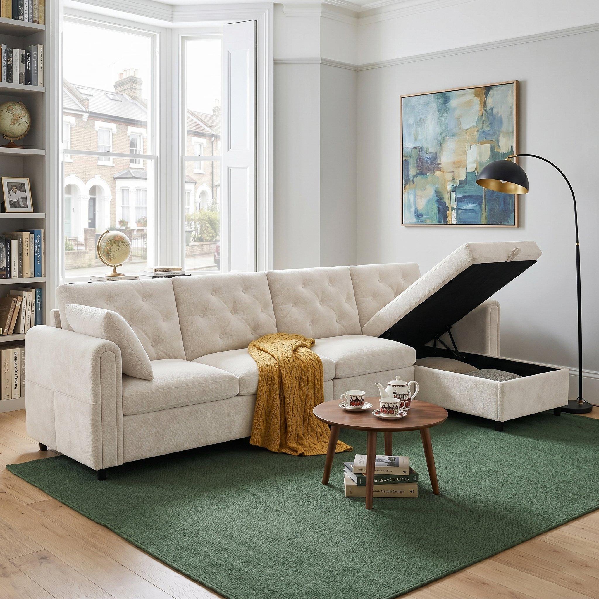 Beige - Urban Meuble - Modern L-Shaped Sofa with Storage Chaise - 4