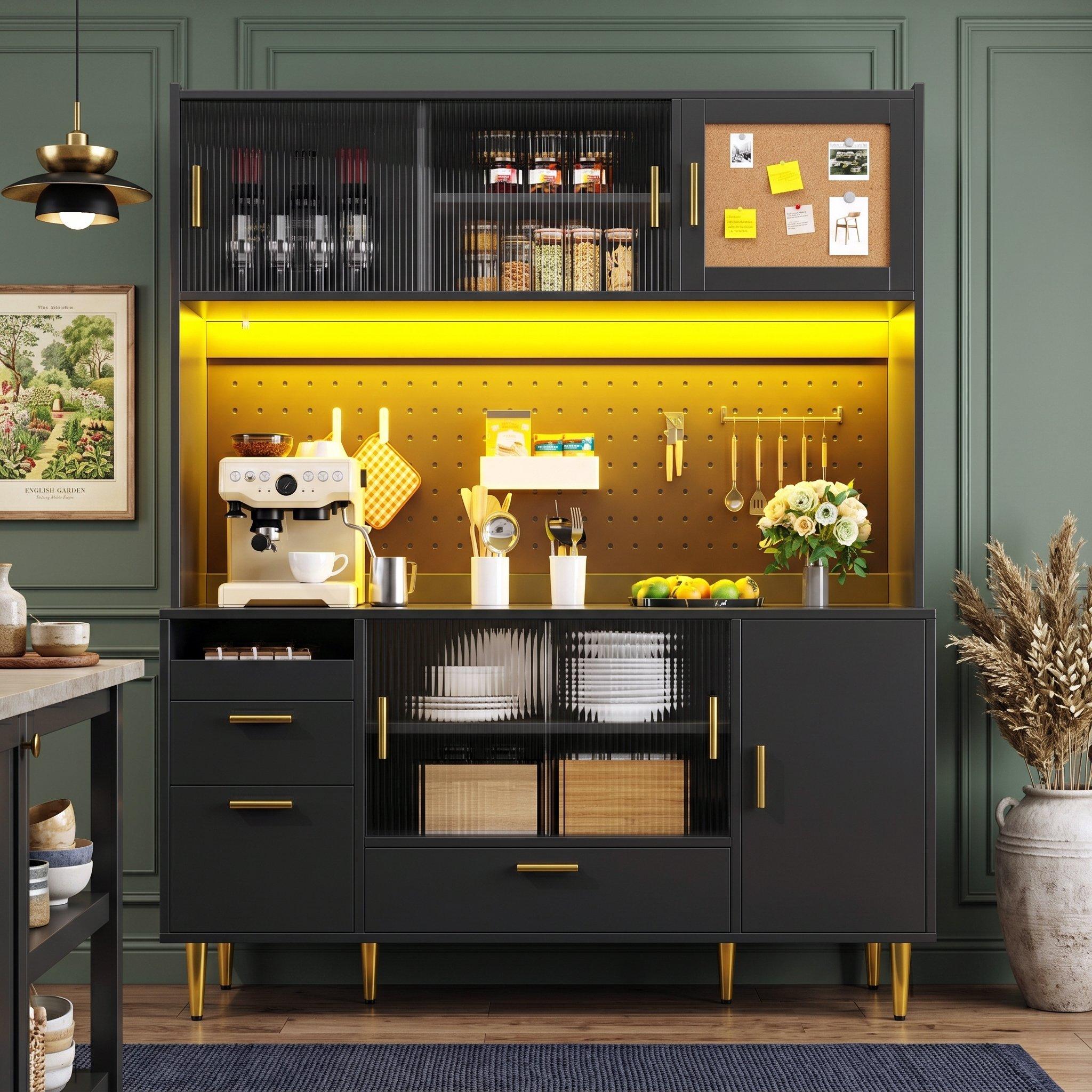 Black - Urban Meuble - LED Kitchen Cabinet with Pegboard & Glass Doors - 1