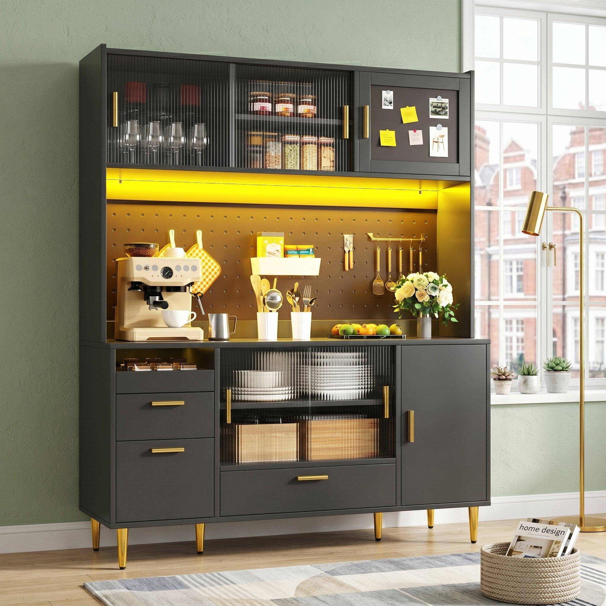 Black - Urban Meuble - LED Kitchen Cabinet with Pegboard & Glass Doors - 2