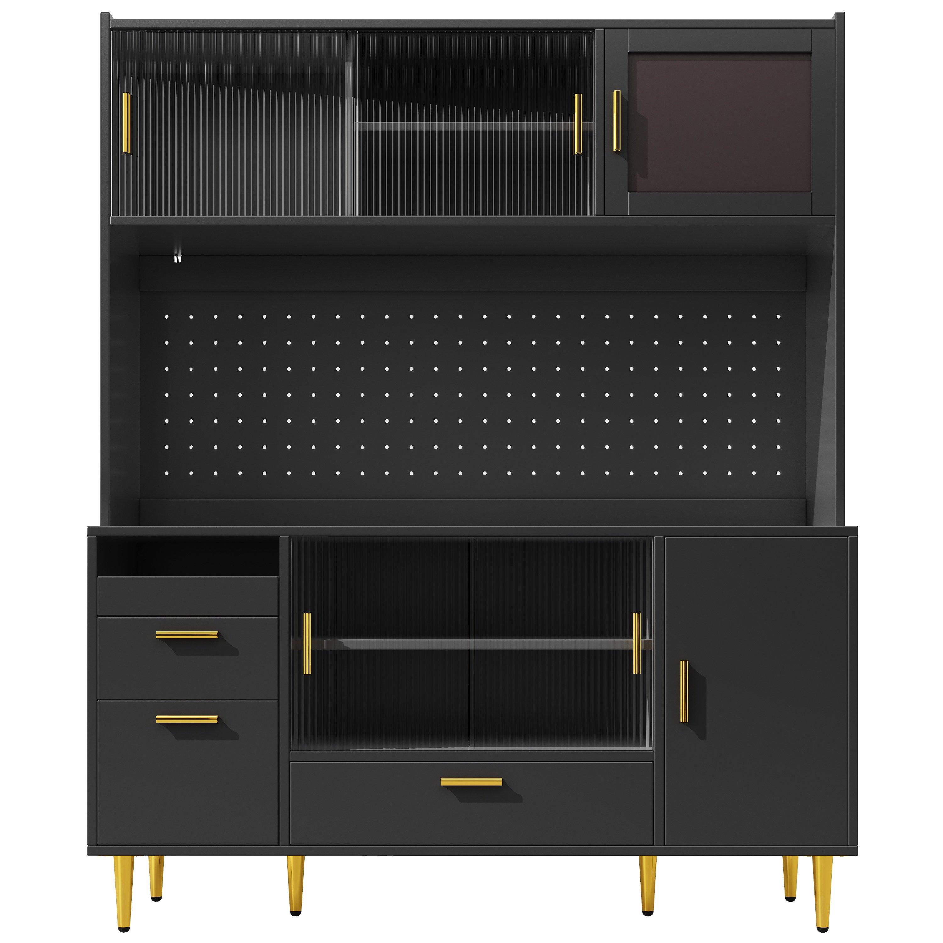 Black - Urban Meuble - LED Kitchen Cabinet with Pegboard & Glass Doors - 11