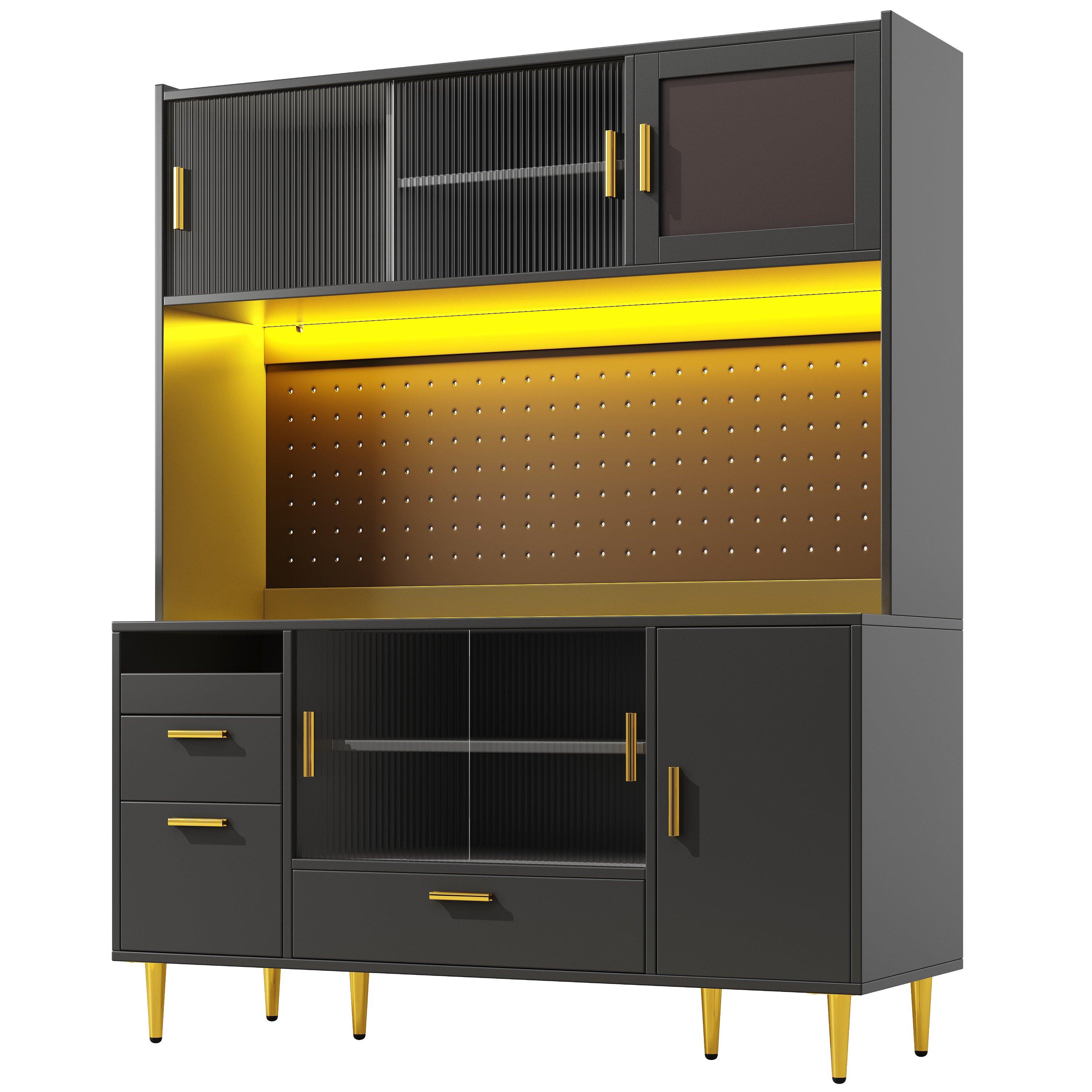 Black - Urban Meuble - LED Kitchen Cabinet with Pegboard & Glass Doors - 12