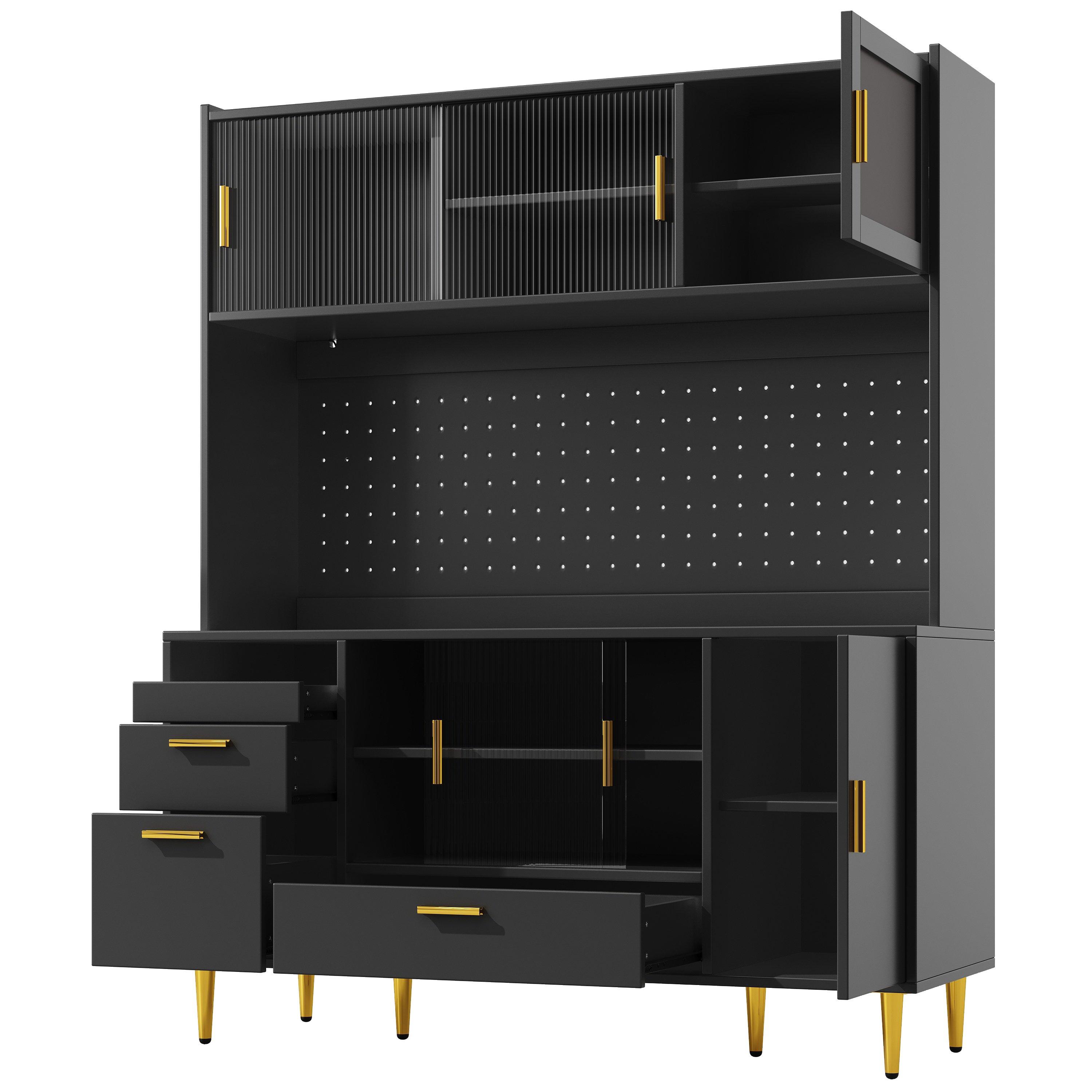 Black - Urban Meuble - LED Kitchen Cabinet with Pegboard & Glass Doors - 13