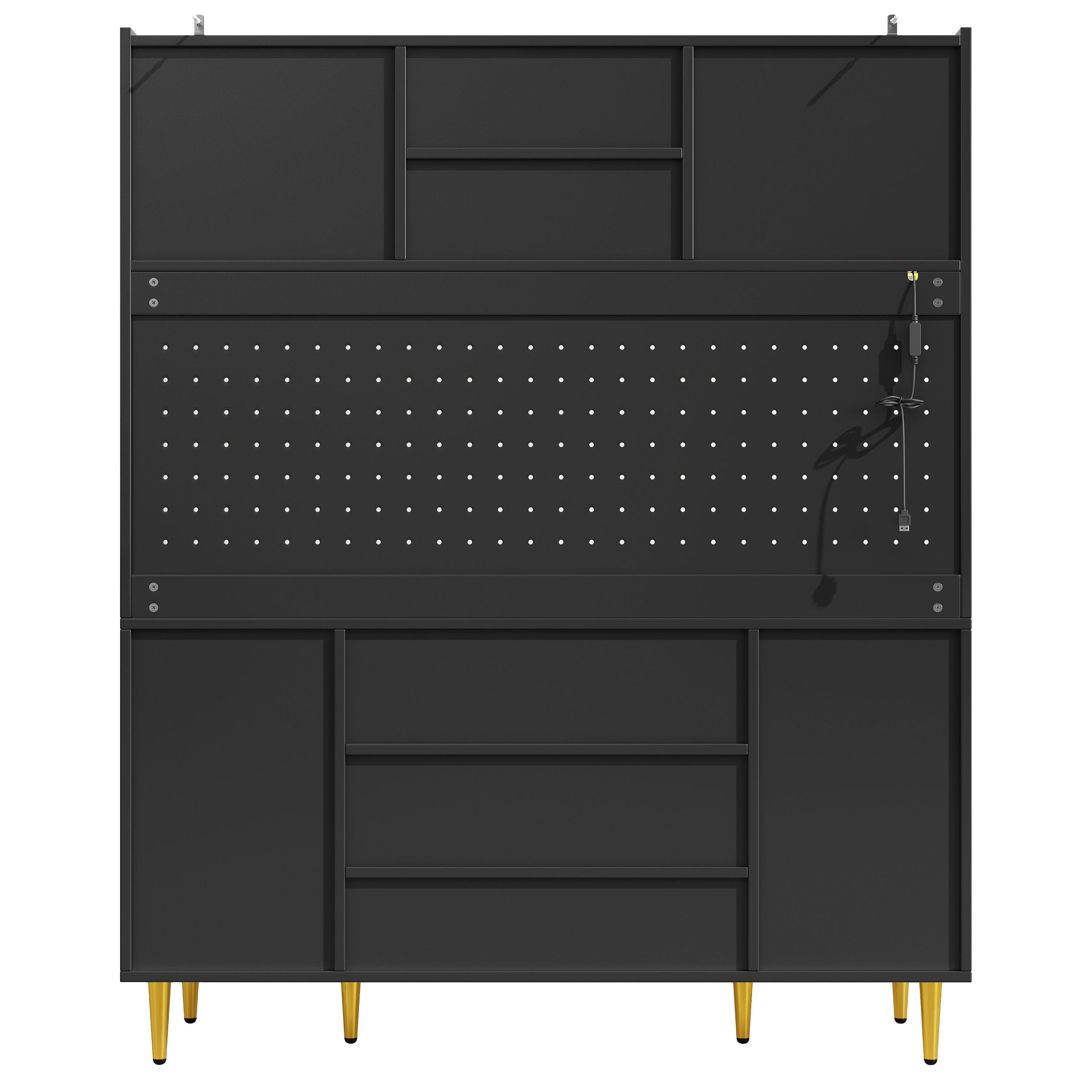 Black - Urban Meuble - LED Kitchen Cabinet with Pegboard & Glass Doors - 14