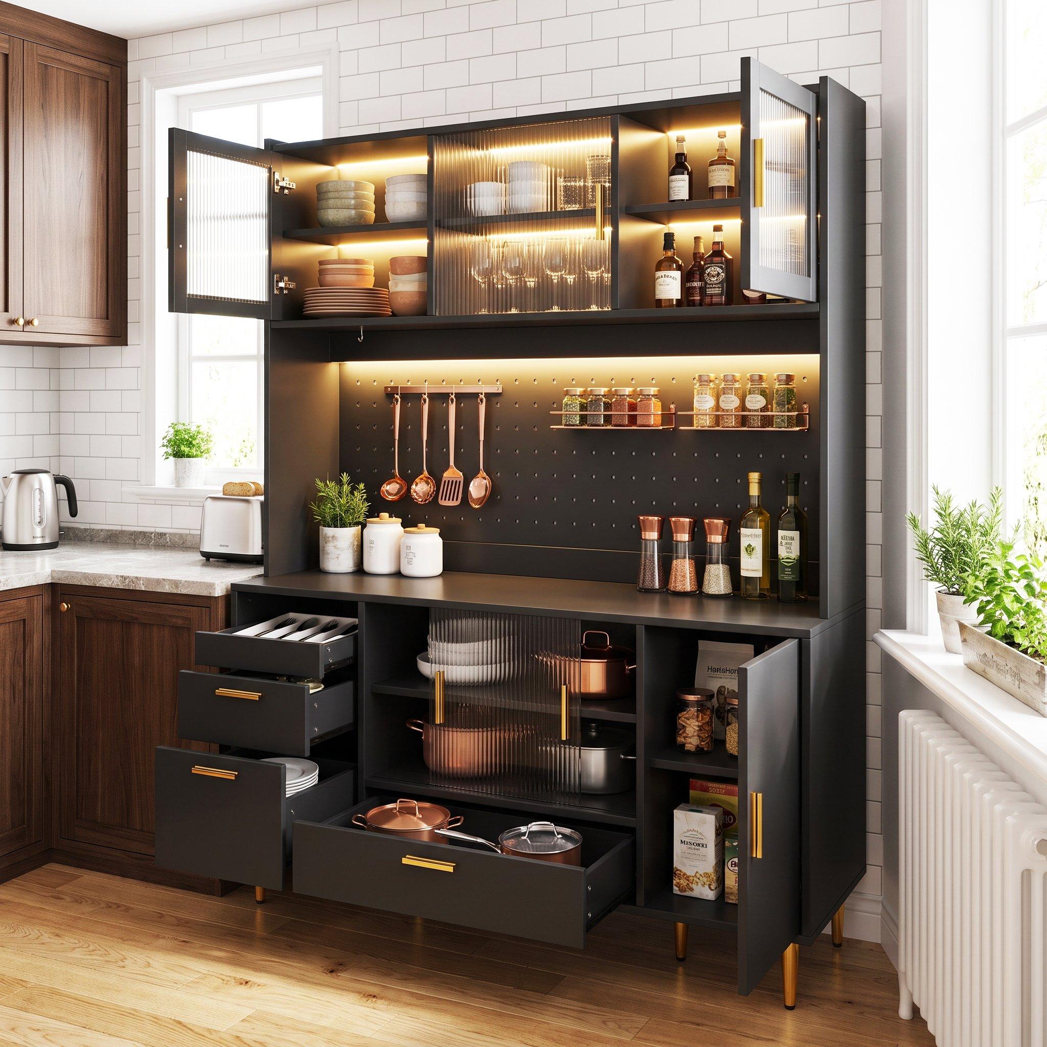Black - Urban Meuble - LED Kitchen Cabinet with Pegboard & Glass Doors - 3