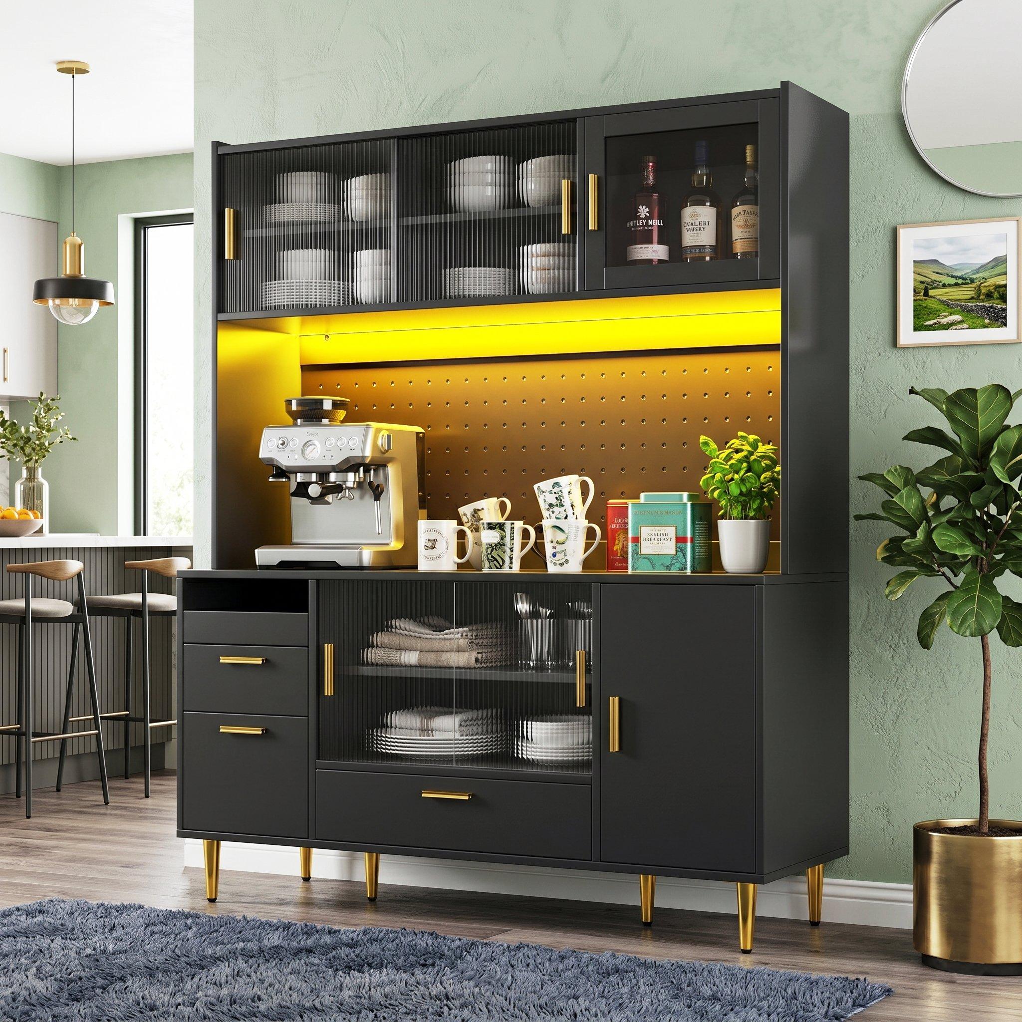 Black - Urban Meuble - LED Kitchen Cabinet with Pegboard & Glass Doors - 4