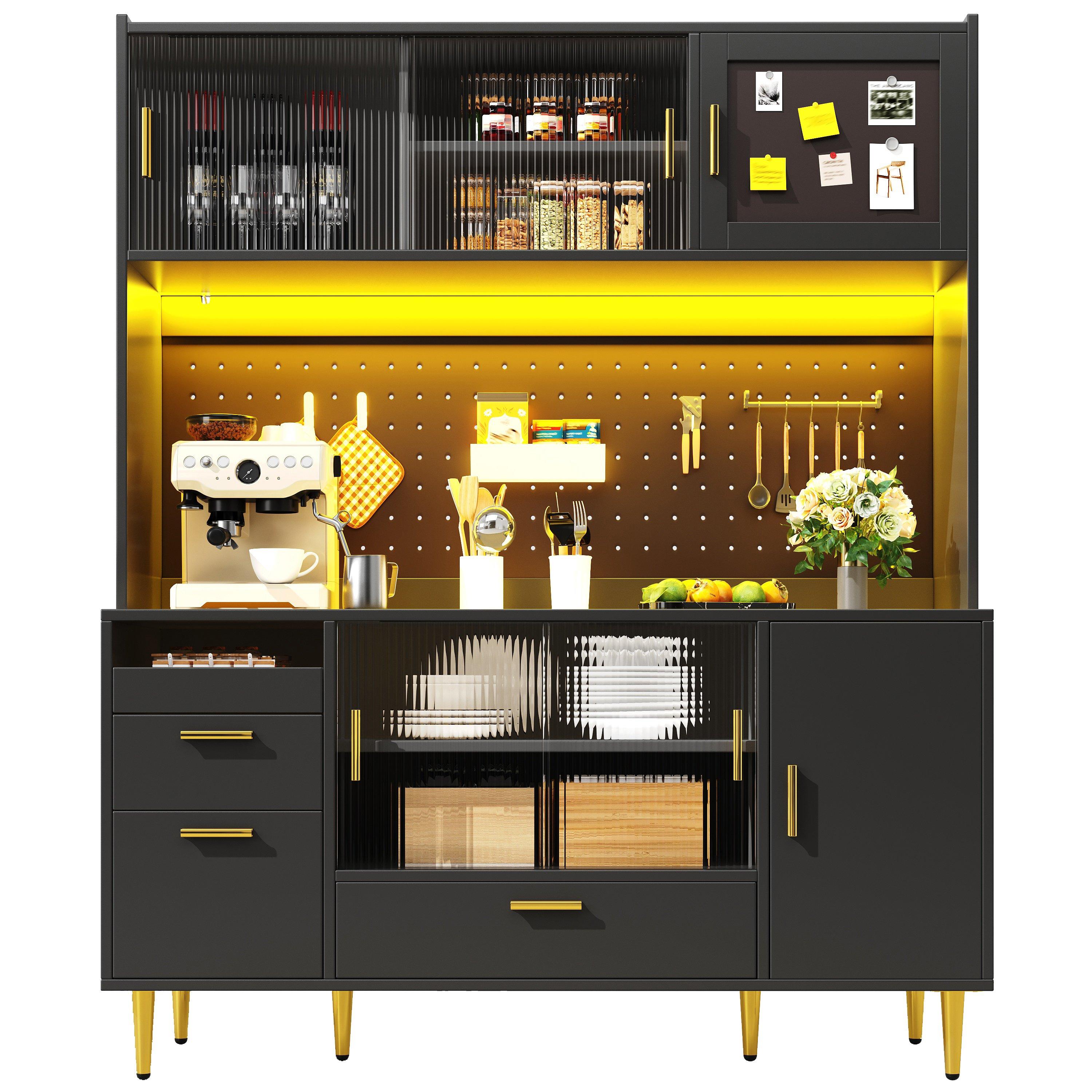 Black - Urban Meuble - LED Kitchen Cabinet with Pegboard & Glass Doors - 5