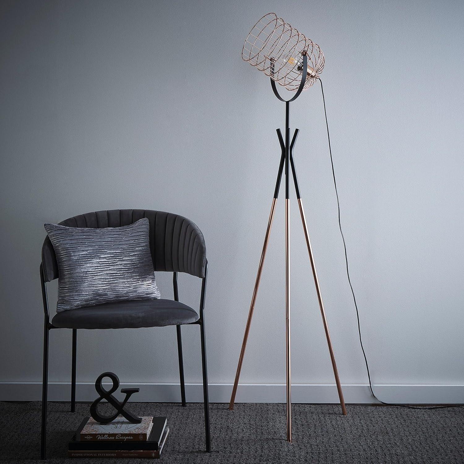 Copper - K Living - Fulton Tripod Copper Cage Floor Lamp Industrial - 1
