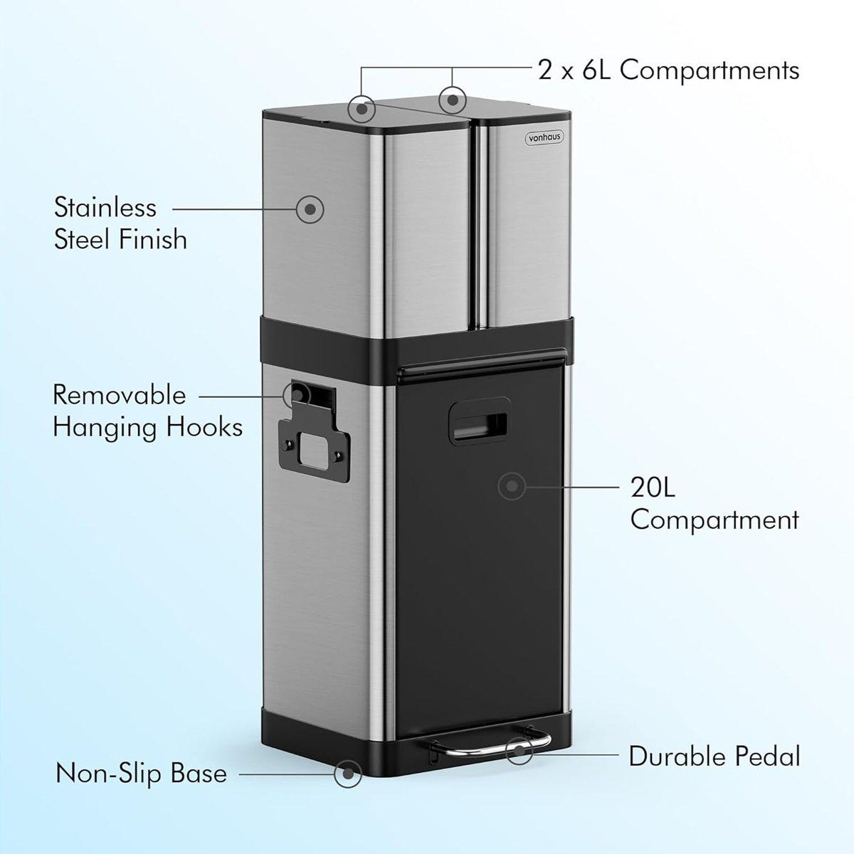 Vonhaus  Triple Recycling Bin 32L For Kitchen - Silver