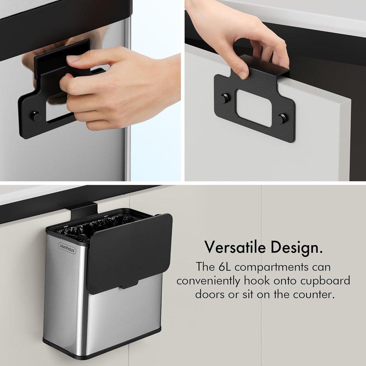 Silver - VonHaus - VonHaus Triple Recycling Bin 32L for Kitchen - 2