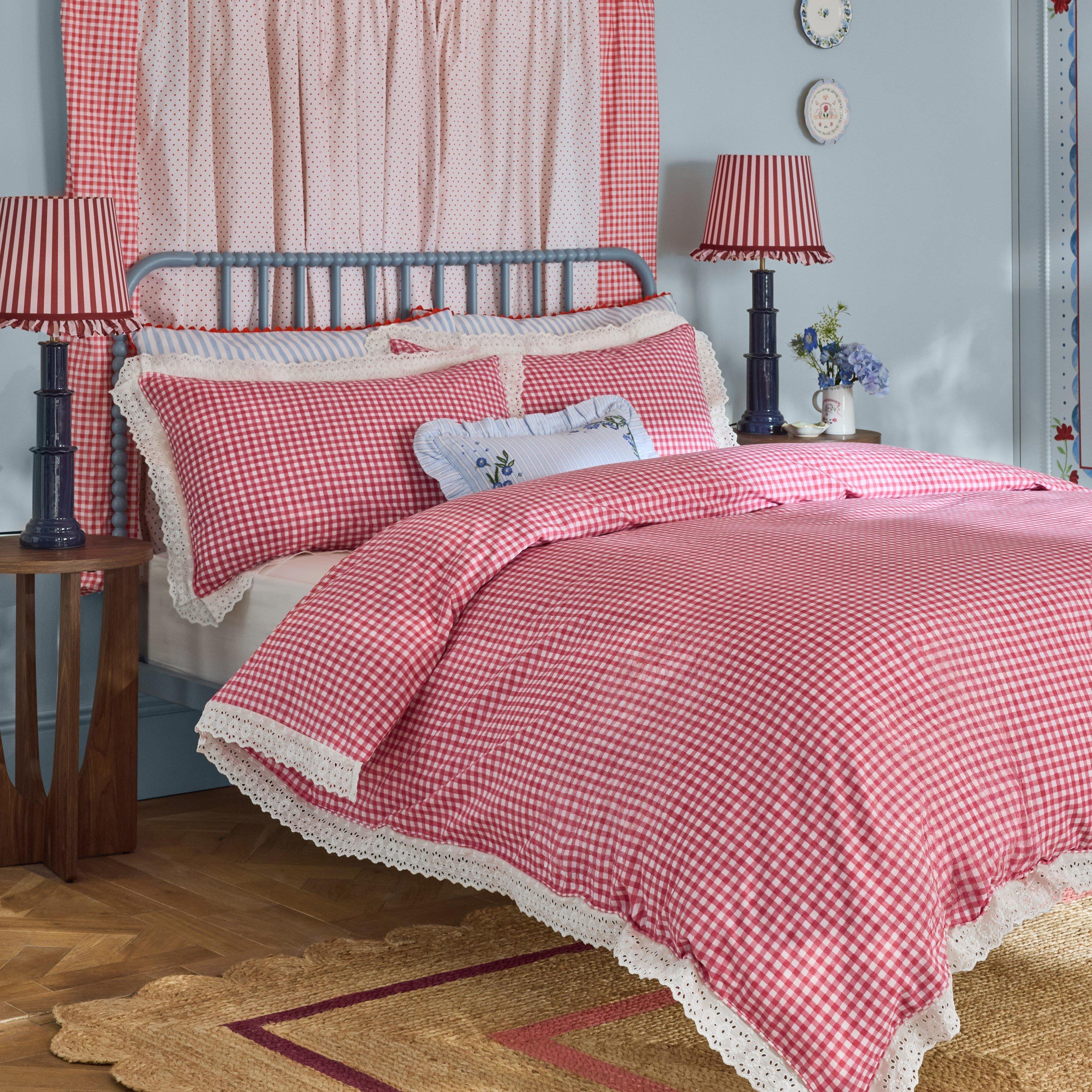 Red - Cath Kidston - Painted Gingham Lace Cotton Duvet Cover Set - 1