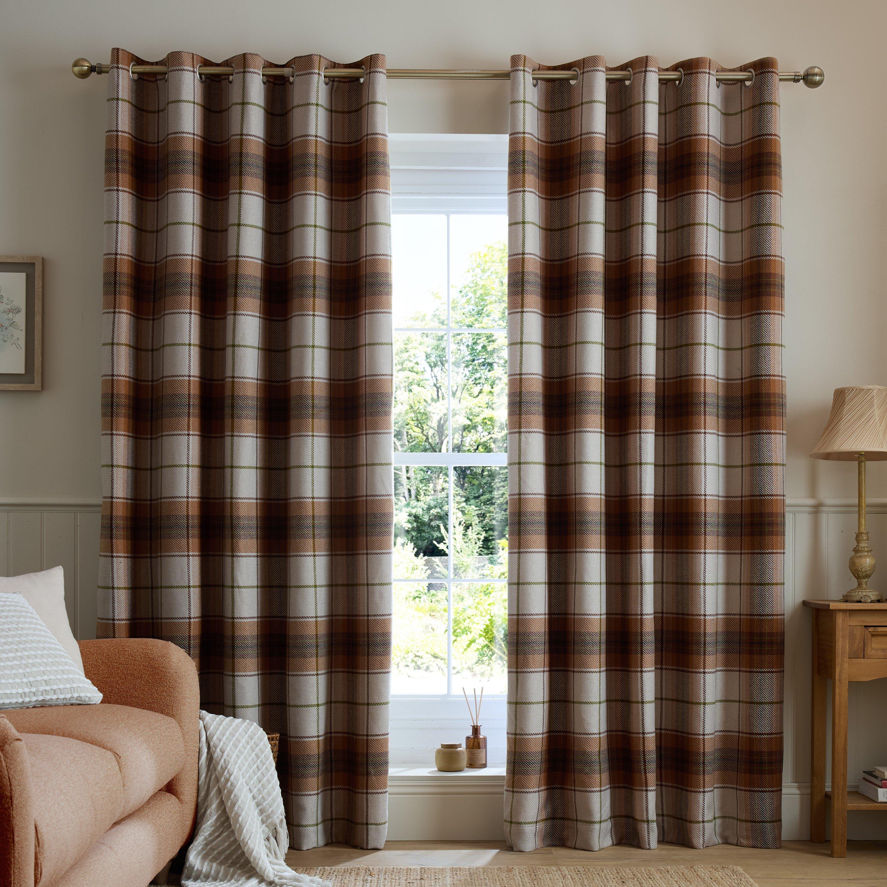 Terracotta - Catherine Lansfield - Brushed Woven Glencoe Check Eyelet Curtains - 1
