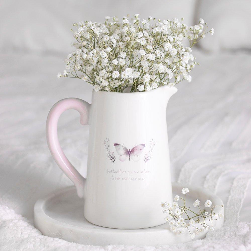 Something Different  Butterfly Print Ceramic Flower Jug White