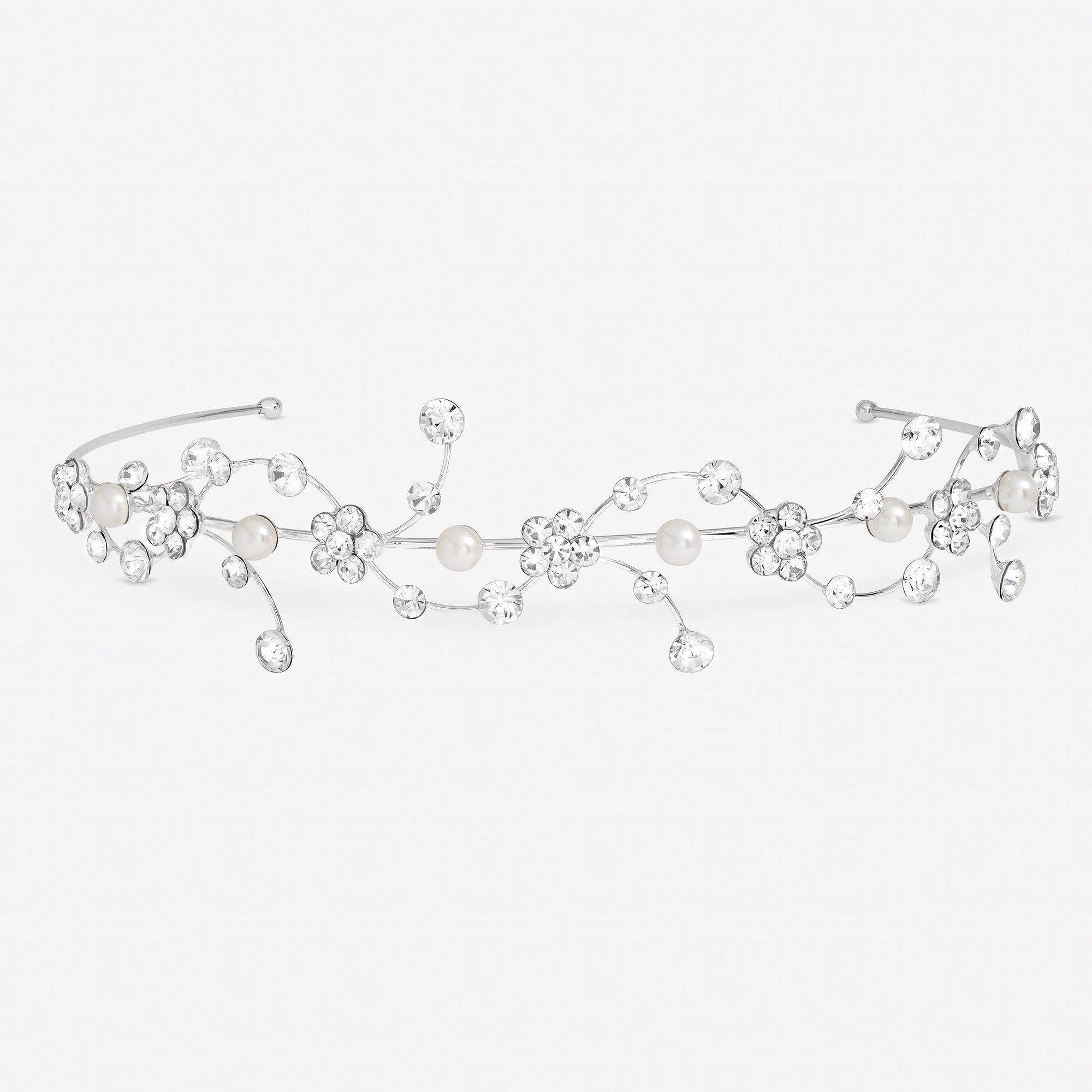 Silver - Jon Richard - Crystal Flower and Pearl Waves Headband - 1