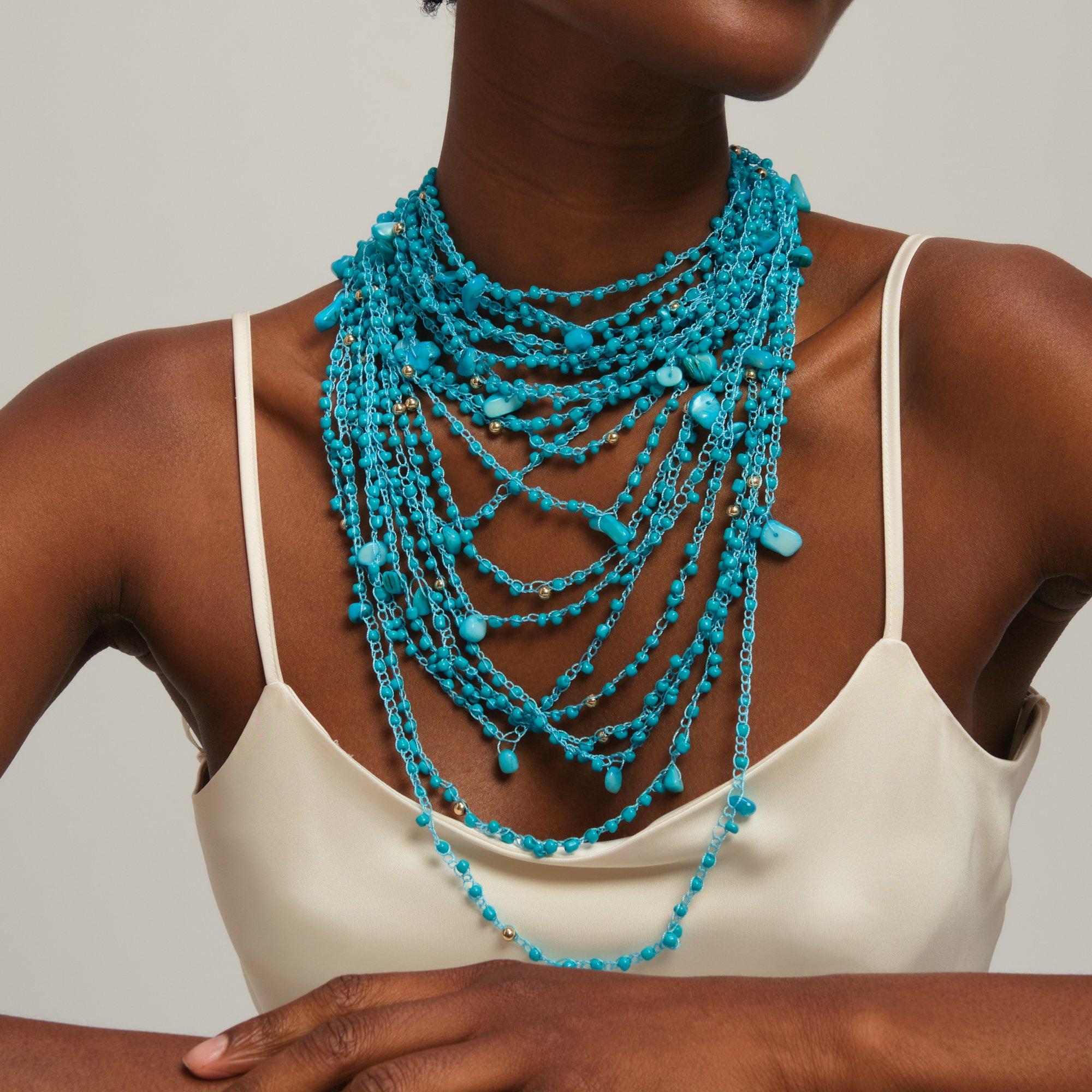 Gold - Mood - Turquoise Beaded Statement Mulrirow Necklace - 2