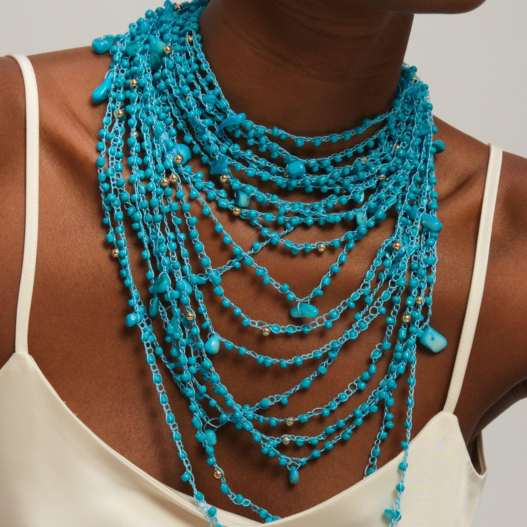 Gold - Mood - Turquoise Beaded Statement Mulrirow Necklace - 3