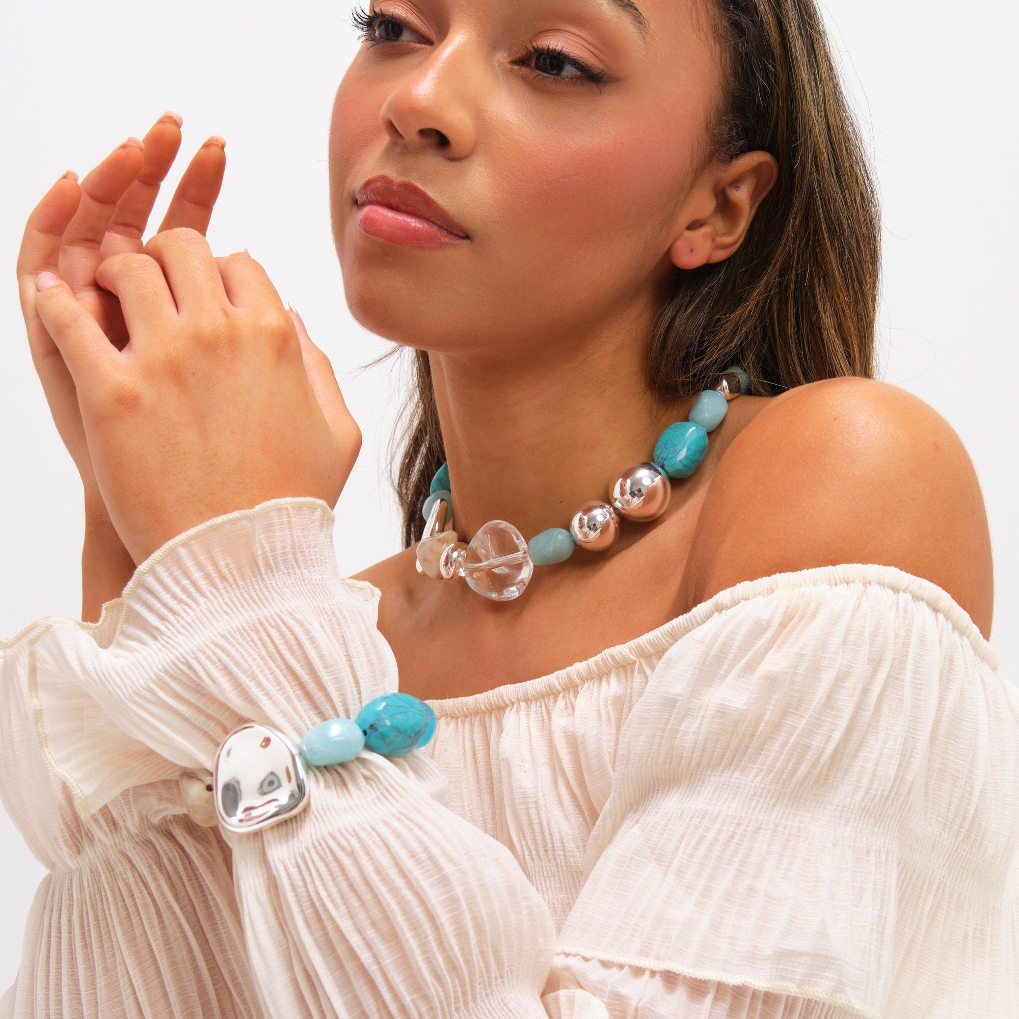 Silver - Mood - Silver and Turquoise Resin Stretch Bracelet - 3