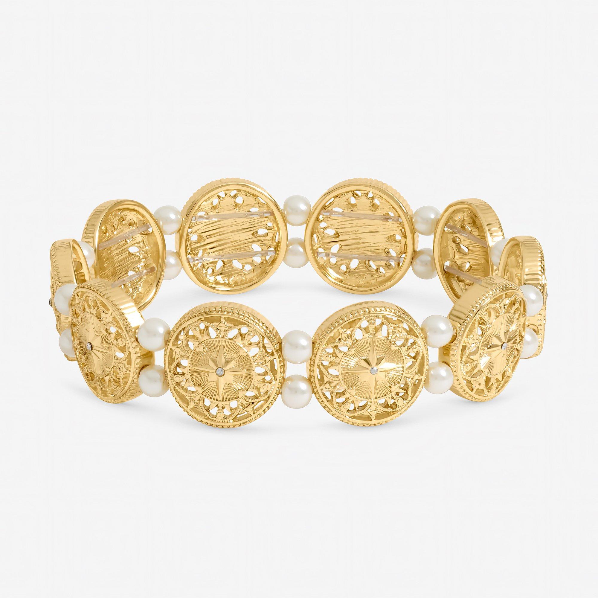 Mood Women's Plated Filigree And Pearl Stretch Bracelet Gold