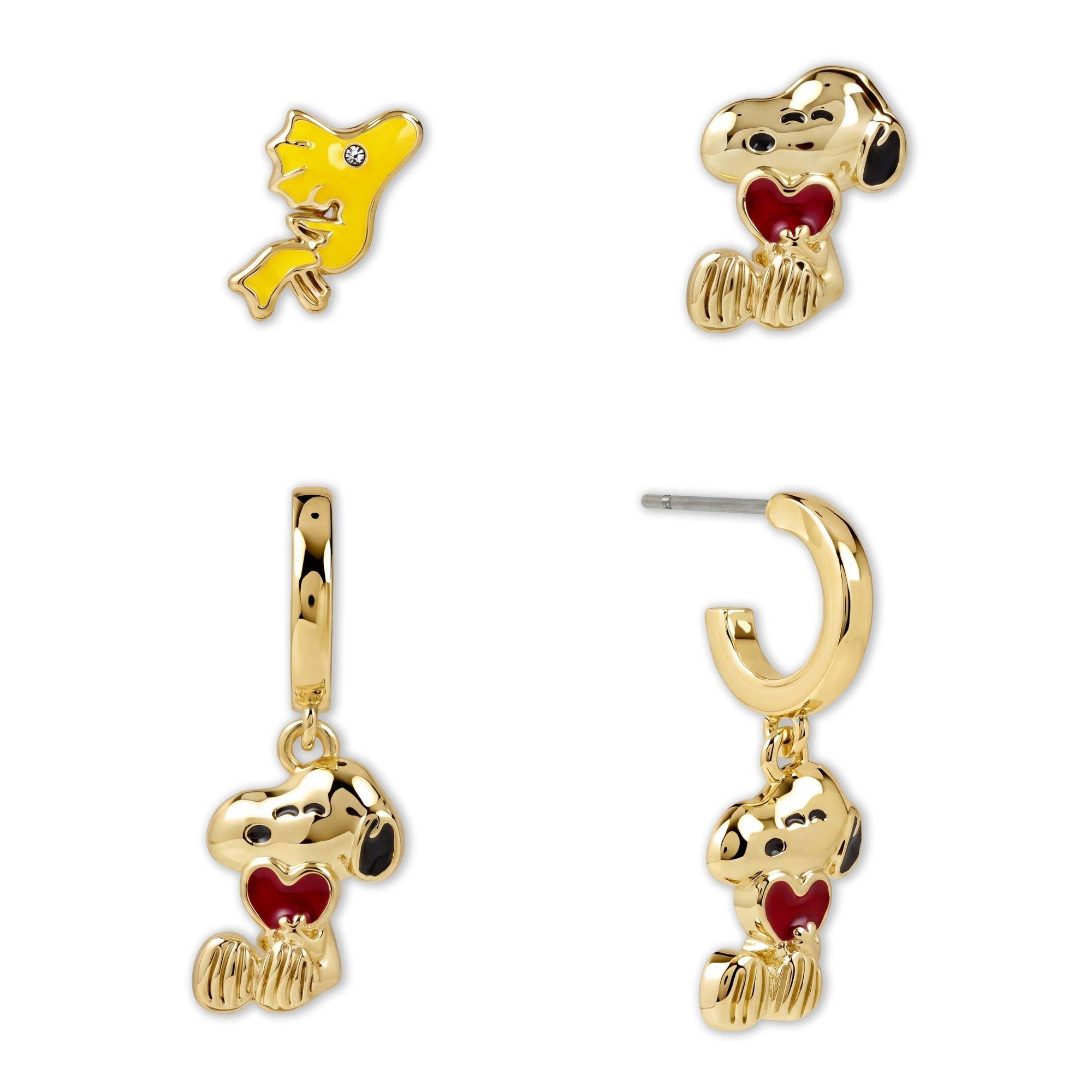Gold - Snoopy - Snoopy & Woodstock gold hoop and stud earring set - 1