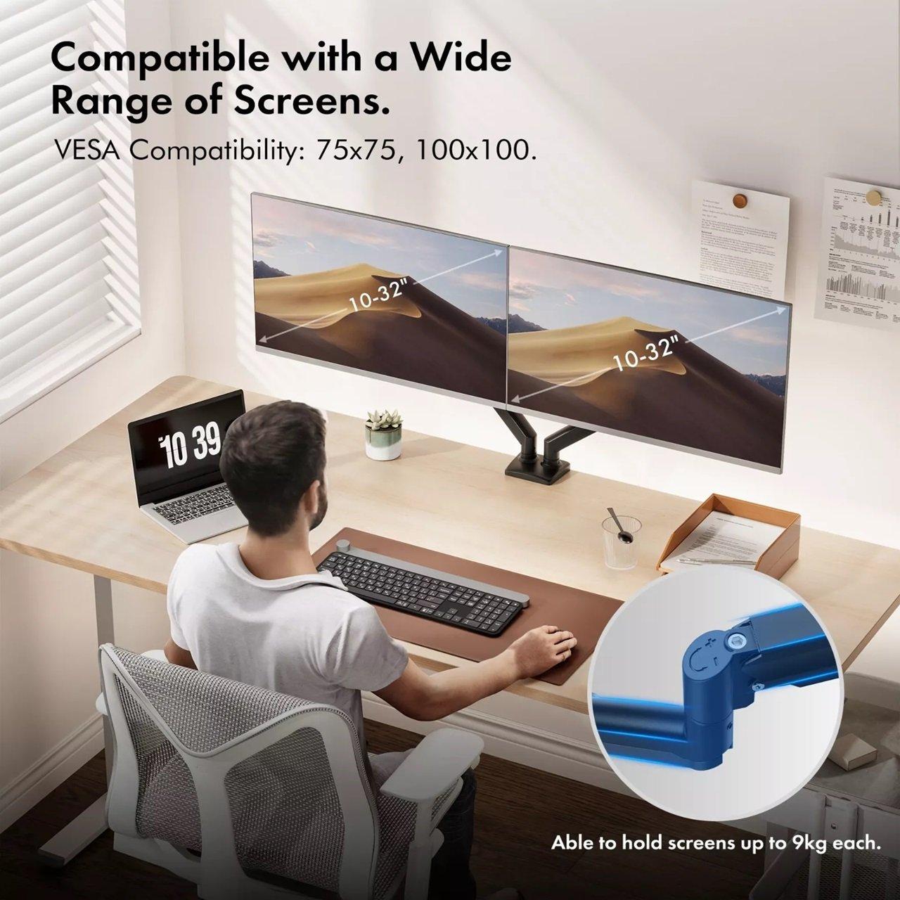 Black - VonHaus - Gas Lift Dual Monitor Arm with Clamp - 2