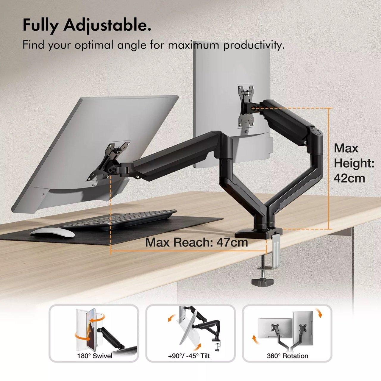 Black - VonHaus - Gas Lift Dual Monitor Arm with Clamp - 5