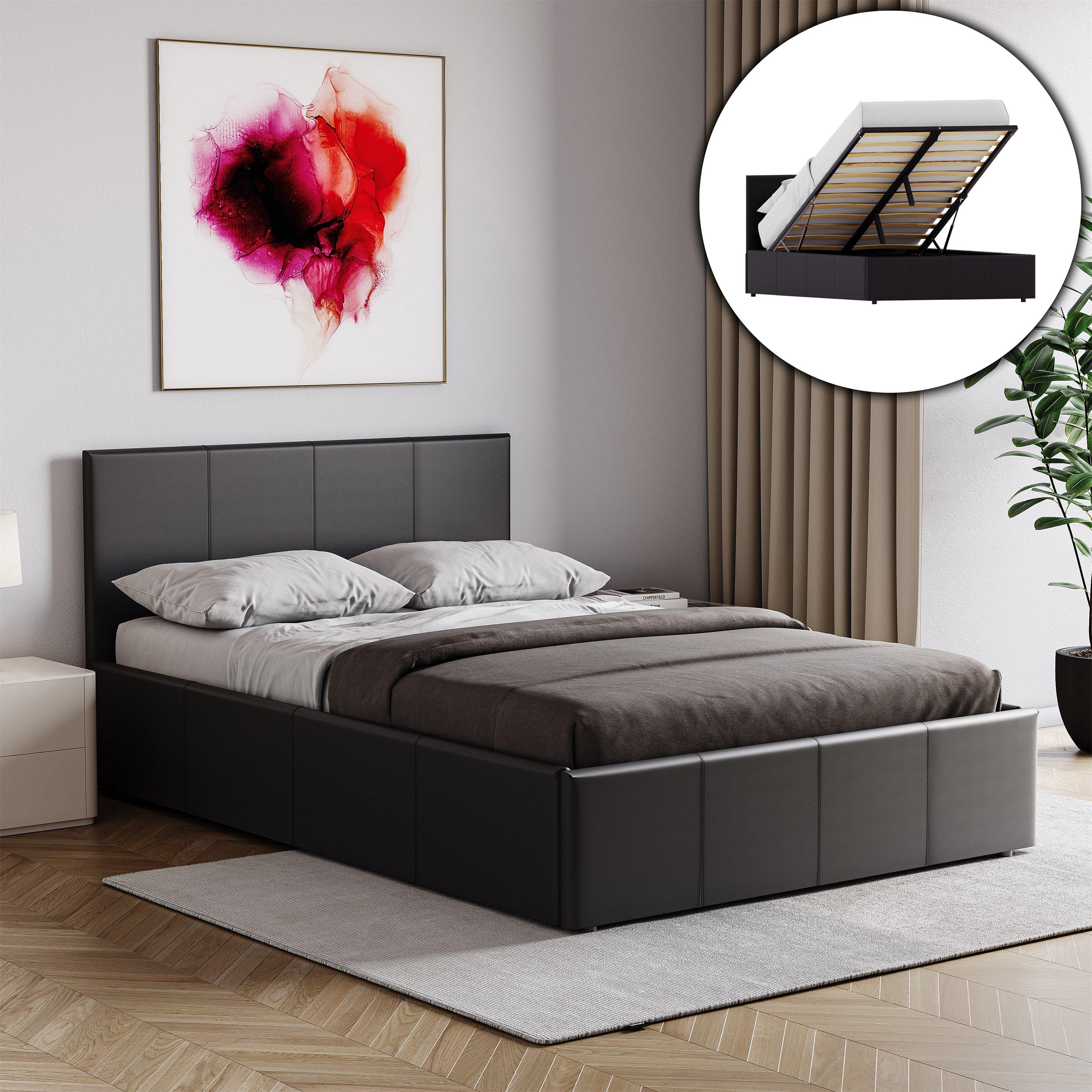 Black - Lassic - Lisbon Small Double Ottoman Faux Leather Bed UKFR - 1
