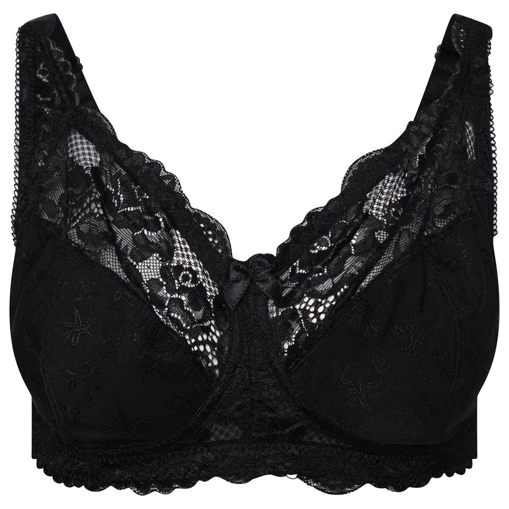 Valbonne Women's Non-Wired Lace Full Support Full Cup Bra 36-46 D-H - Black - 44H