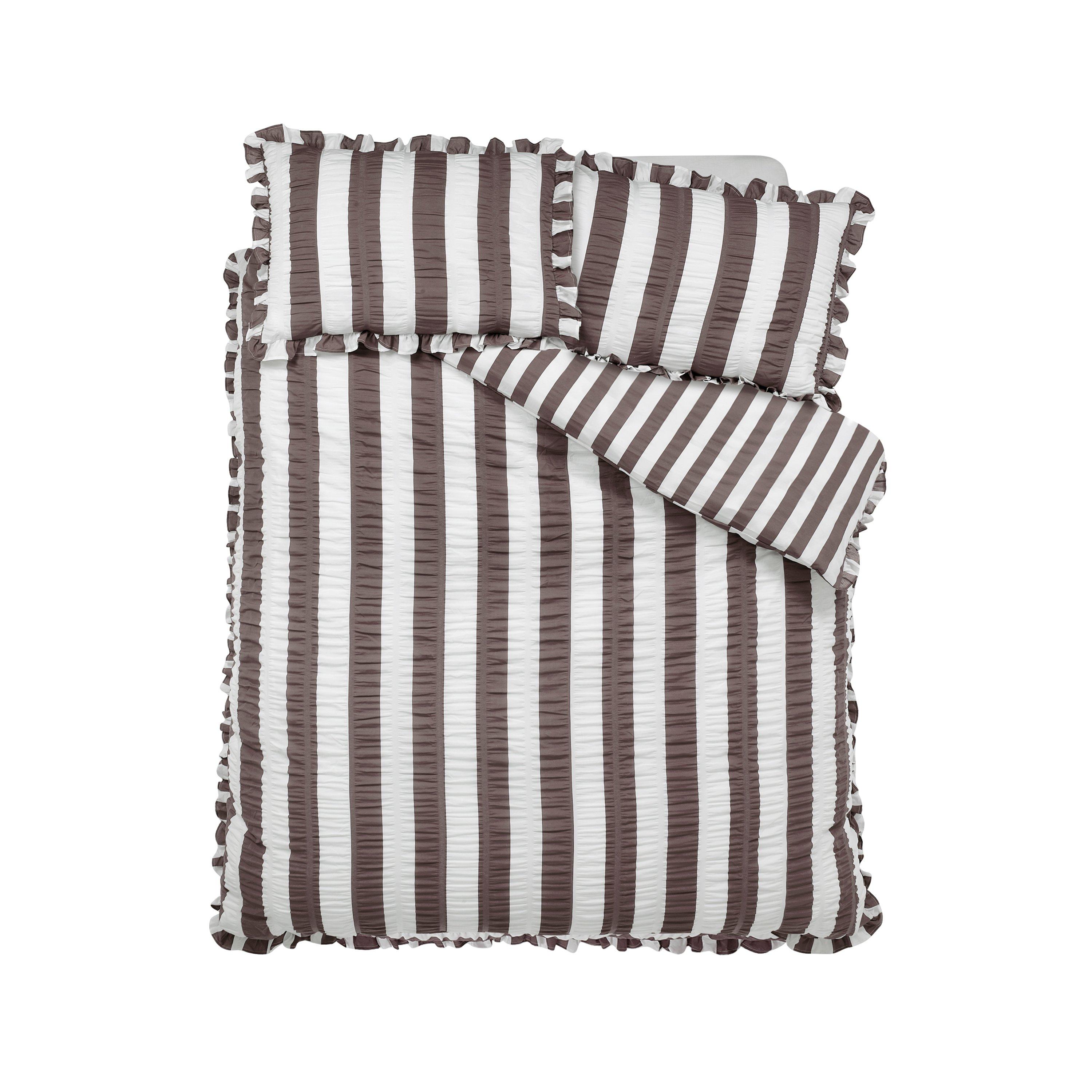 Chocolate - Catherine Lansfield - Seersucker Frill Stripe Duvet Cover Set - 4