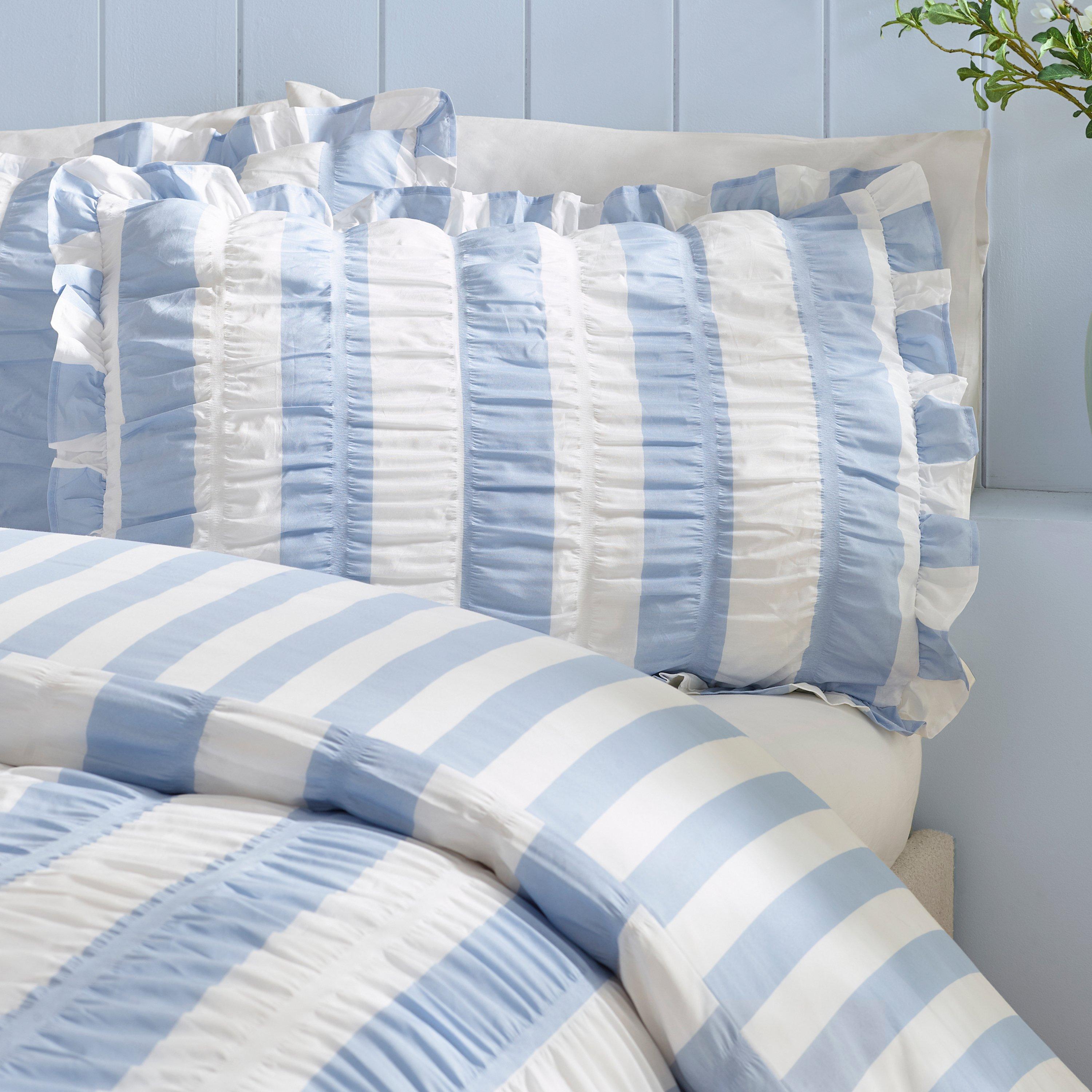 Blue - Catherine Lansfield - Seersucker Frill Stripe Duvet Cover Set - 2