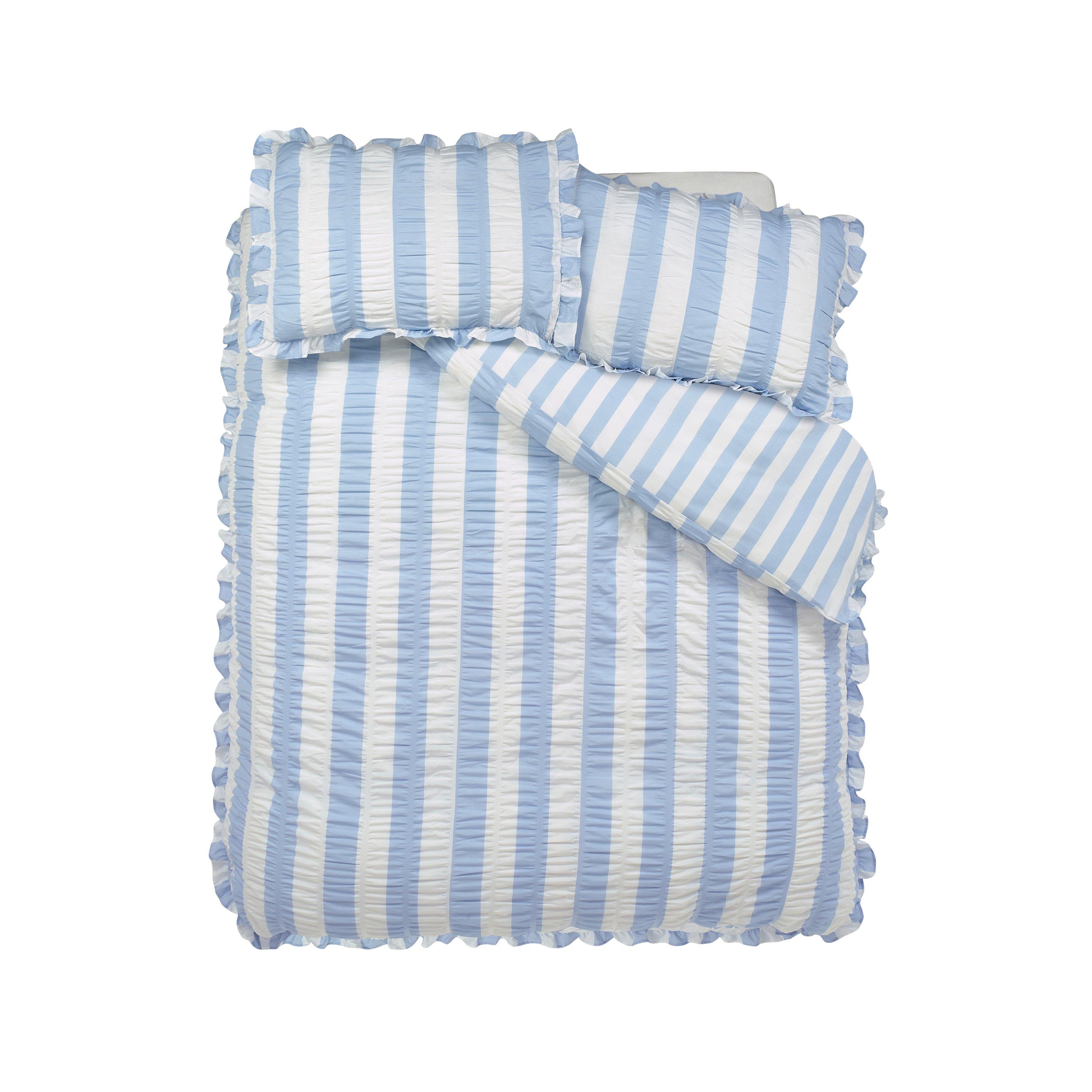 Blue - Catherine Lansfield - Seersucker Frill Stripe Duvet Cover Set - 4