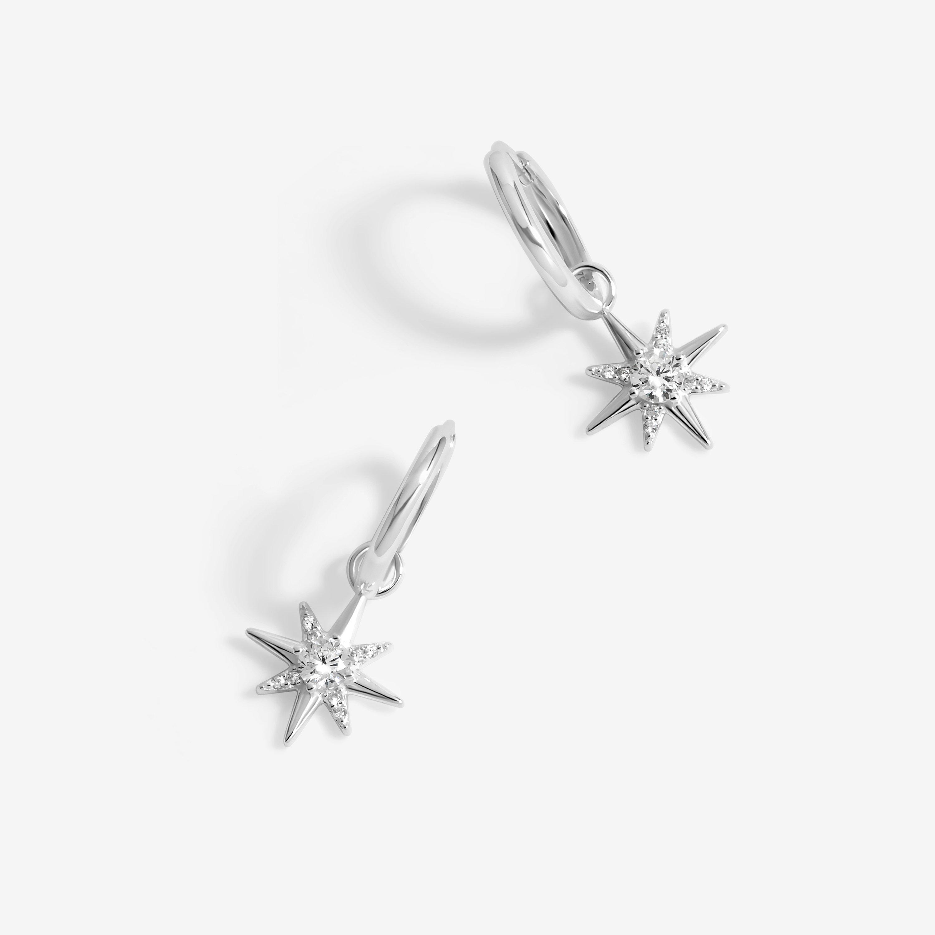 Simply Women's Sterling 925 Cz Celestial Star Hoops Silver