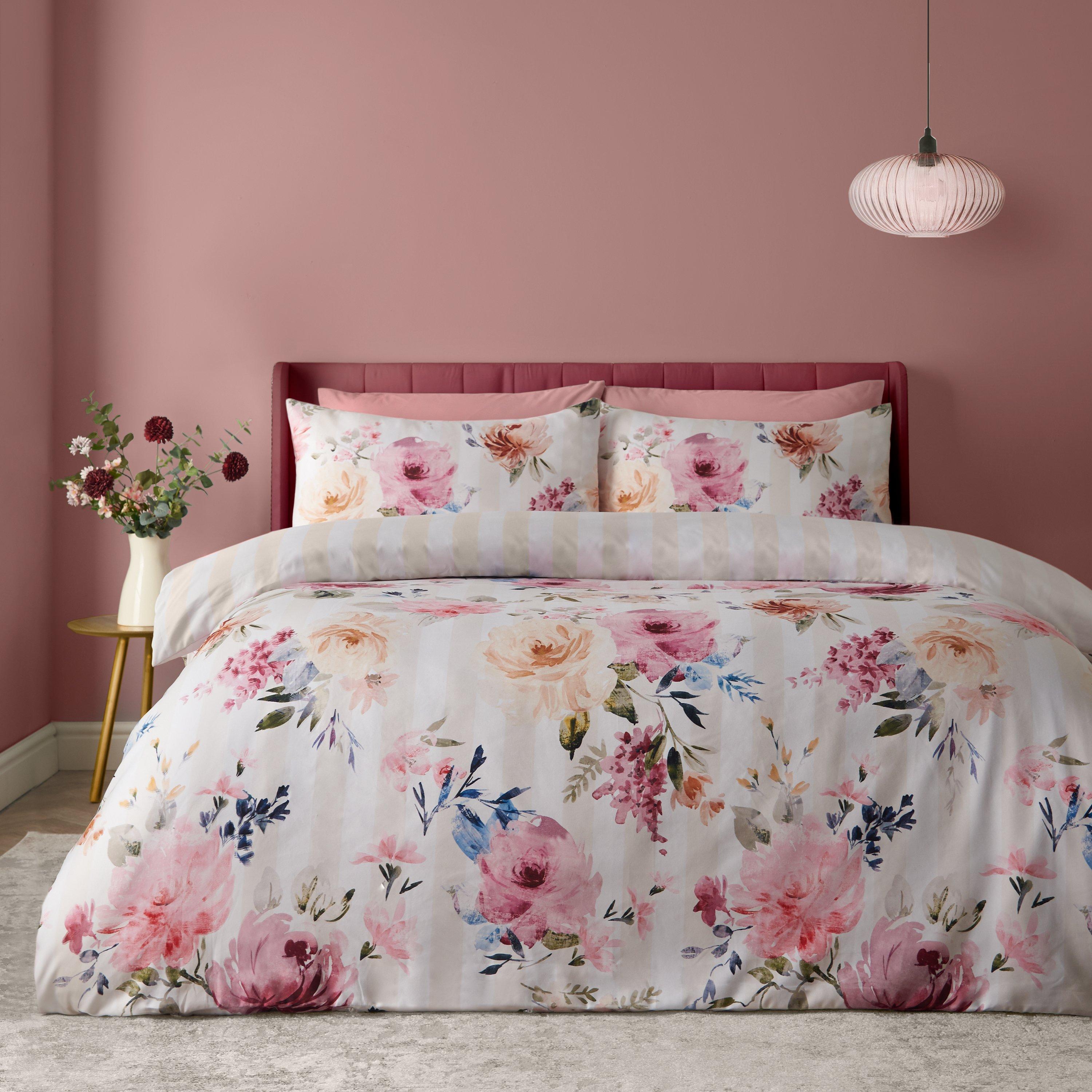 Cream - Catherine Lansfield - Floral Stripe So Soft Reversible Duvet Cover Set - 1