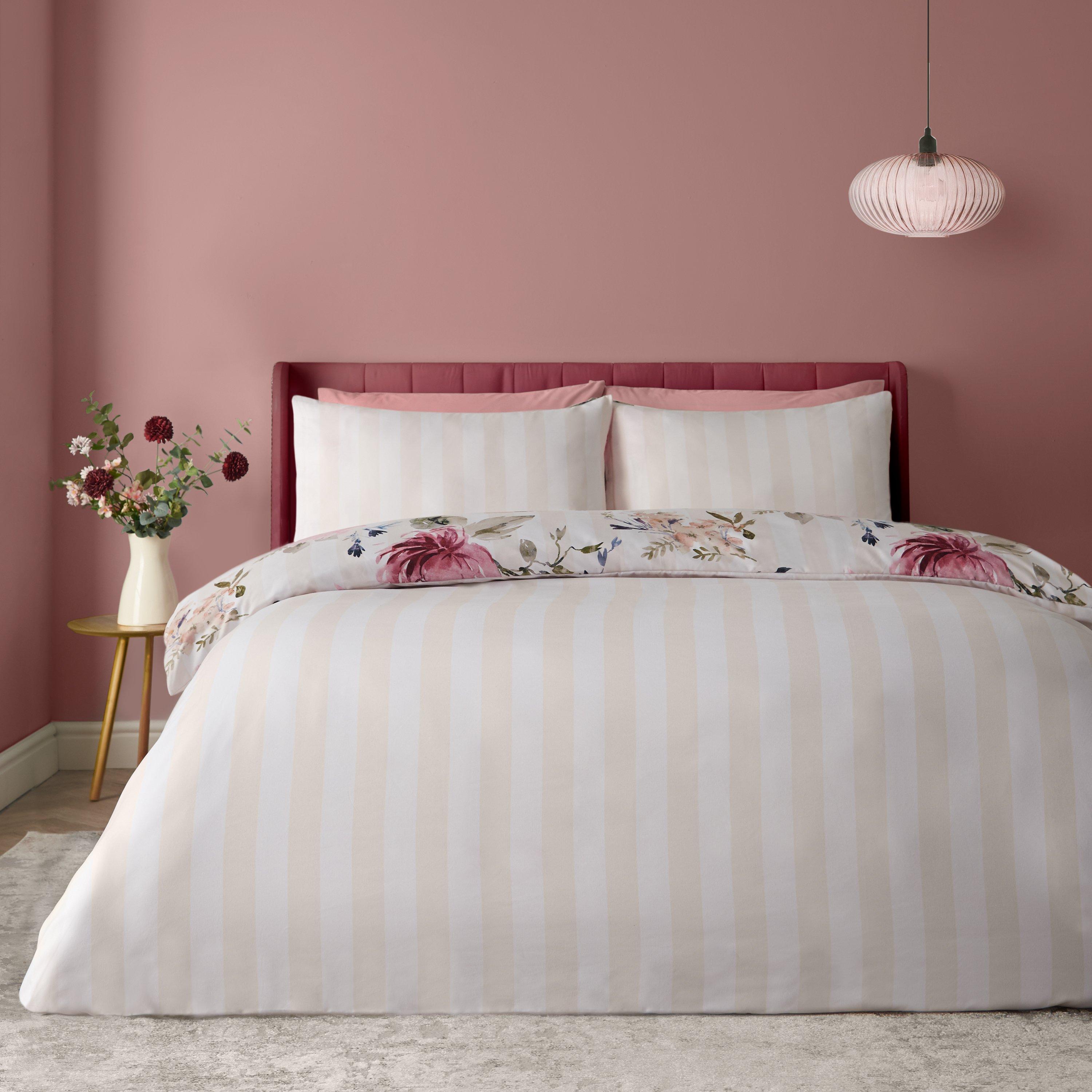 Cream - Catherine Lansfield - Floral Stripe So Soft Reversible Duvet Cover Set - 2