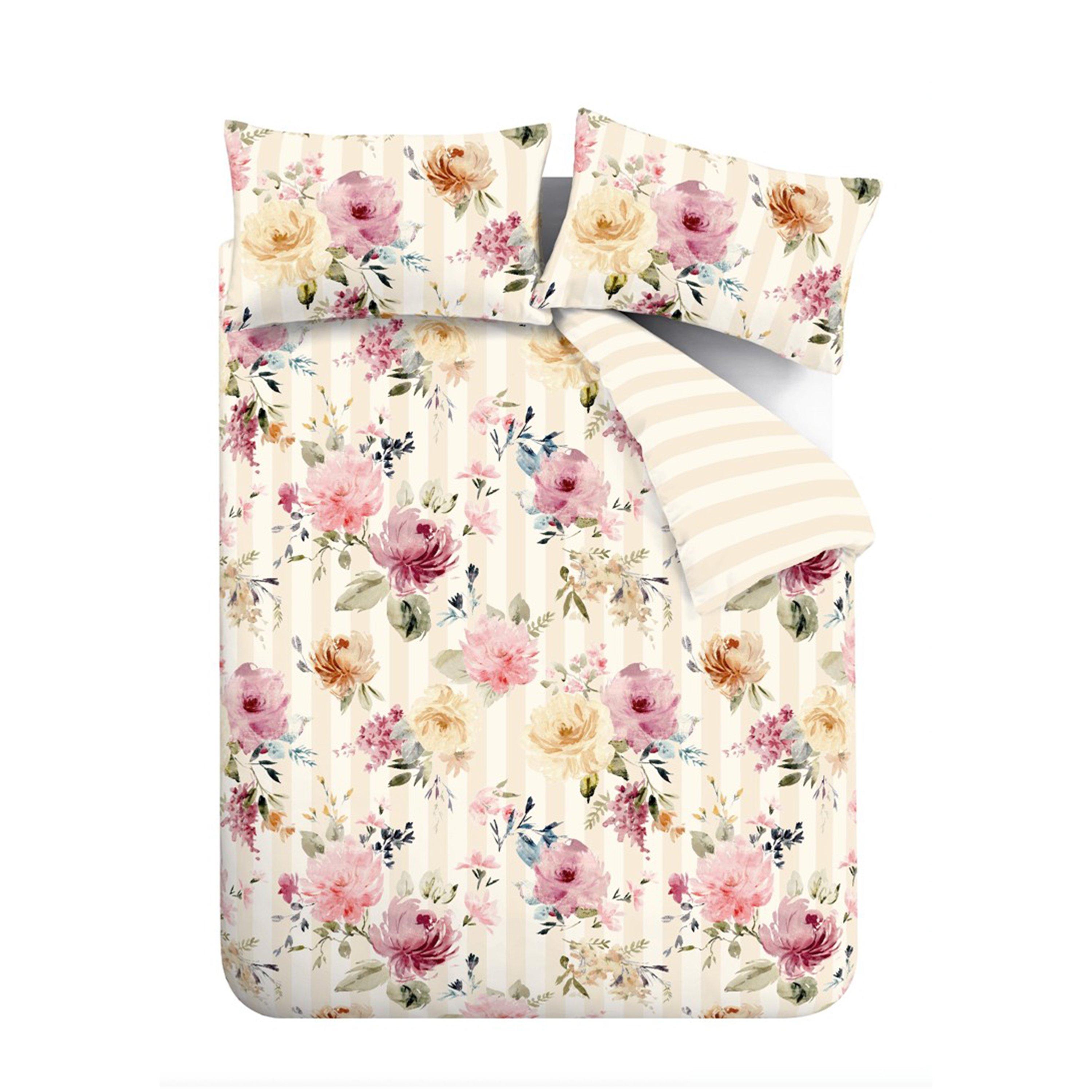 Cream - Catherine Lansfield - Floral Stripe So Soft Reversible Duvet Cover Set - 5