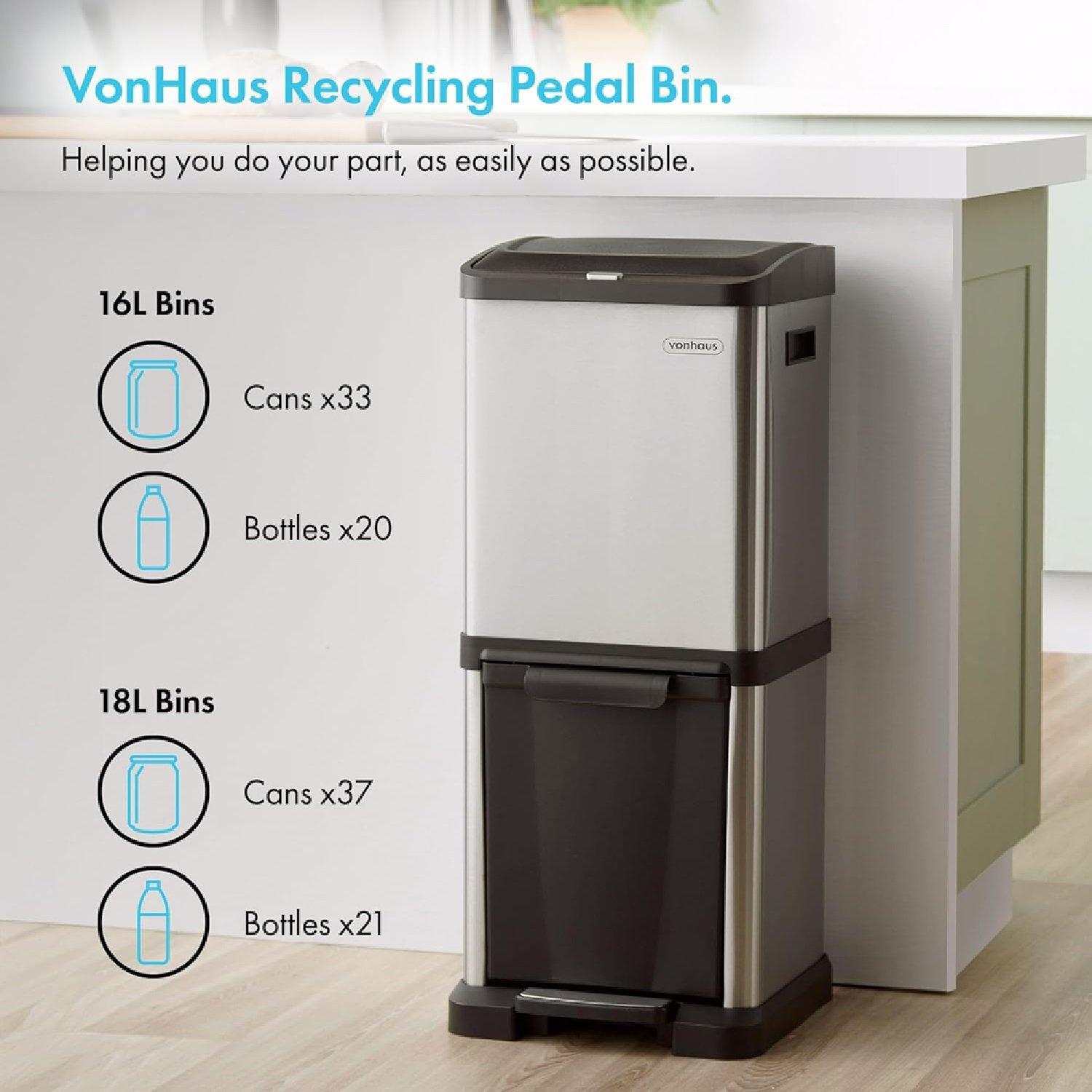 Silver - VonHaus - VonHaus Kitchen Bin 34L Vertical Recycling Bin - 2