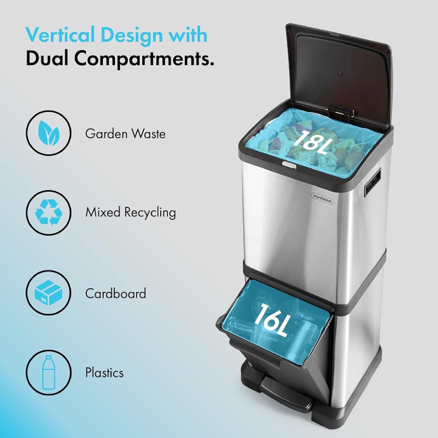 Silver - VonHaus - VonHaus Kitchen Bin 34L Vertical Recycling Bin - 4