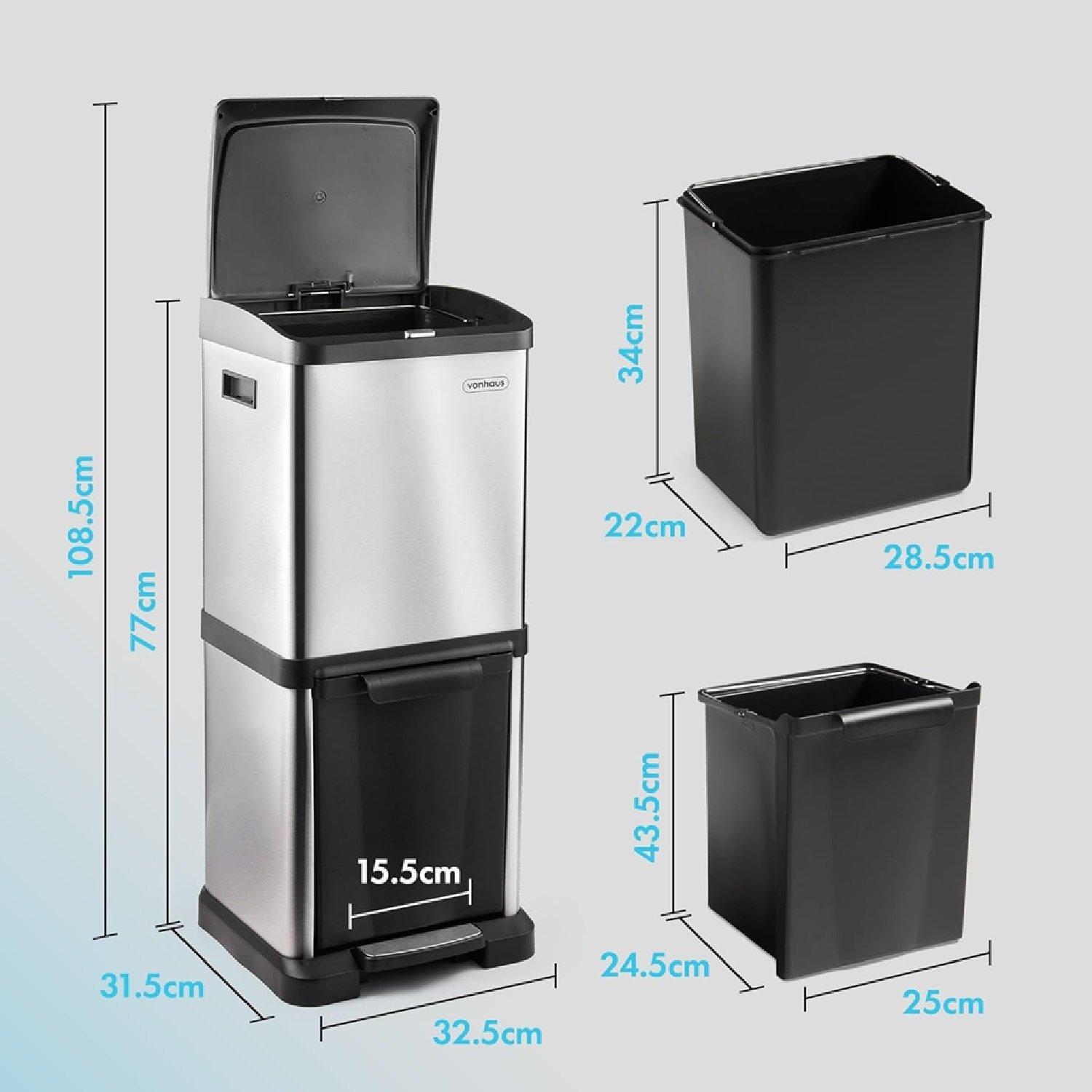 Silver - VonHaus - VonHaus Kitchen Bin 34L Vertical Recycling Bin - 7