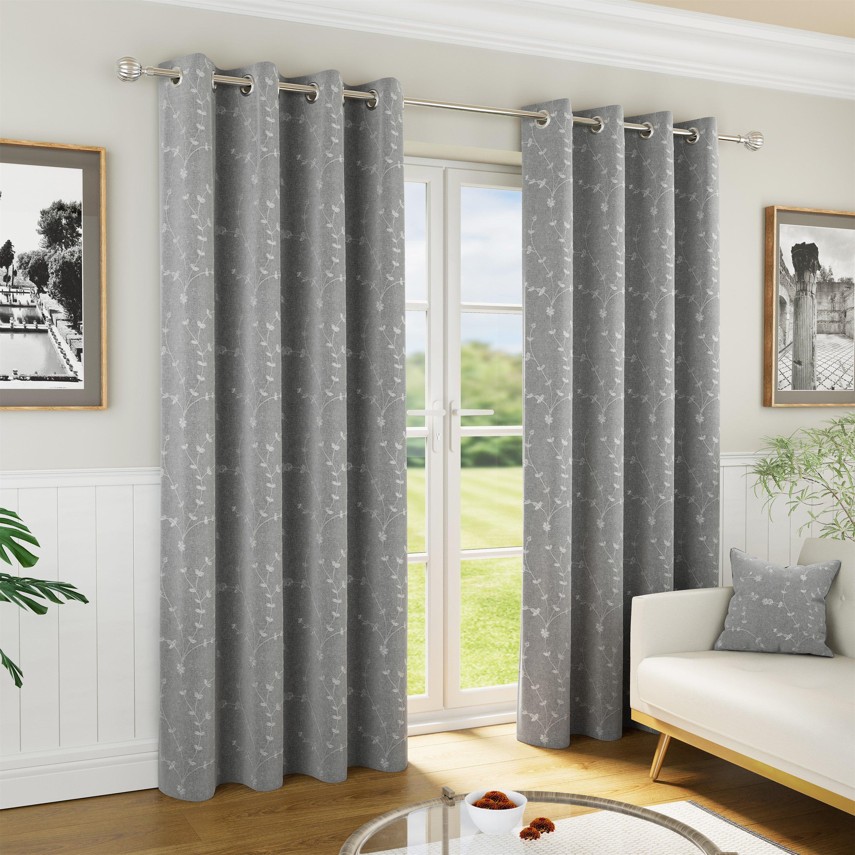 Grey - Enhanced Living - Tivoli Grey Floral Embroidery Blackout Curtains - 1