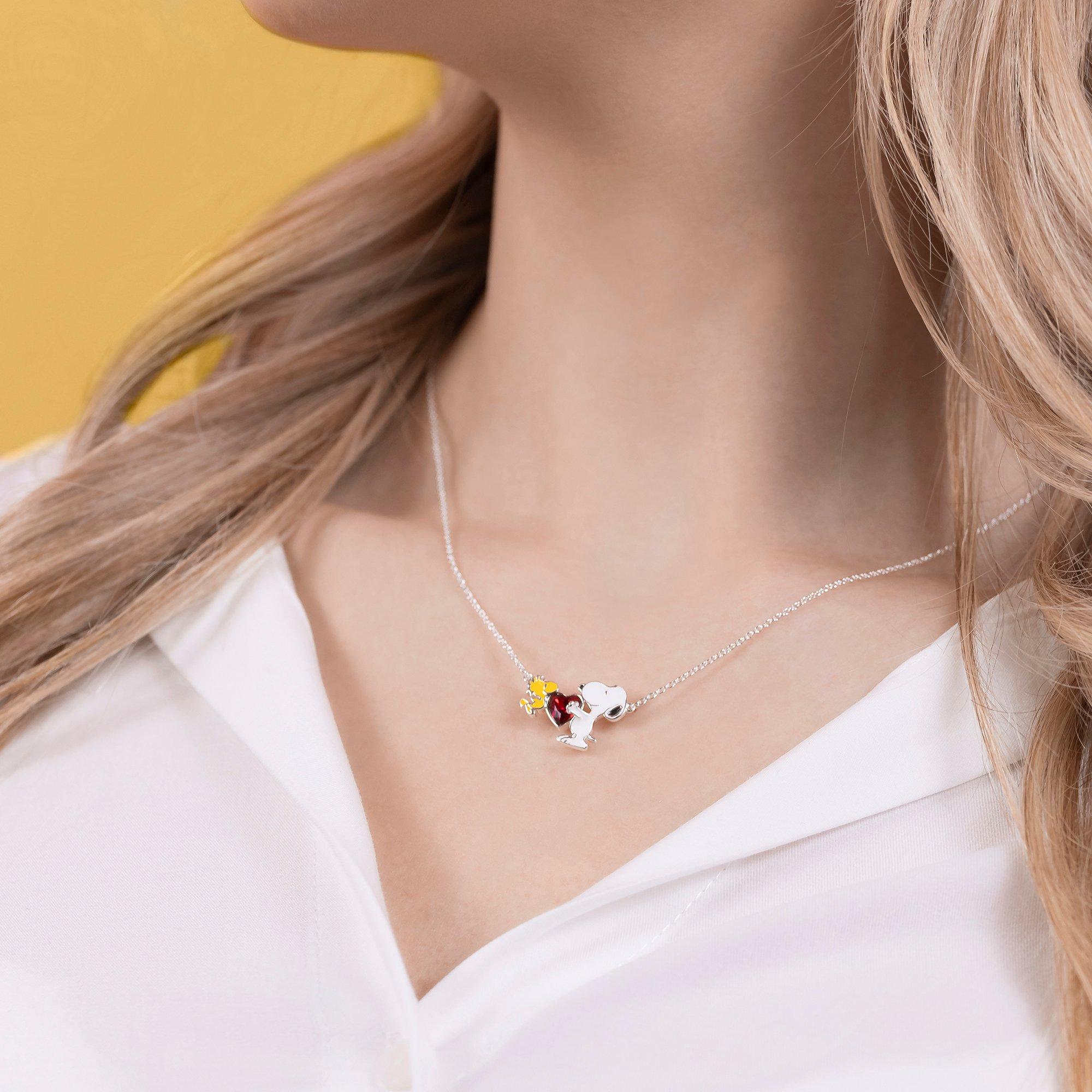 Silver - Snoopy - Snoopy and Woodstock heart stone necklace - 2
