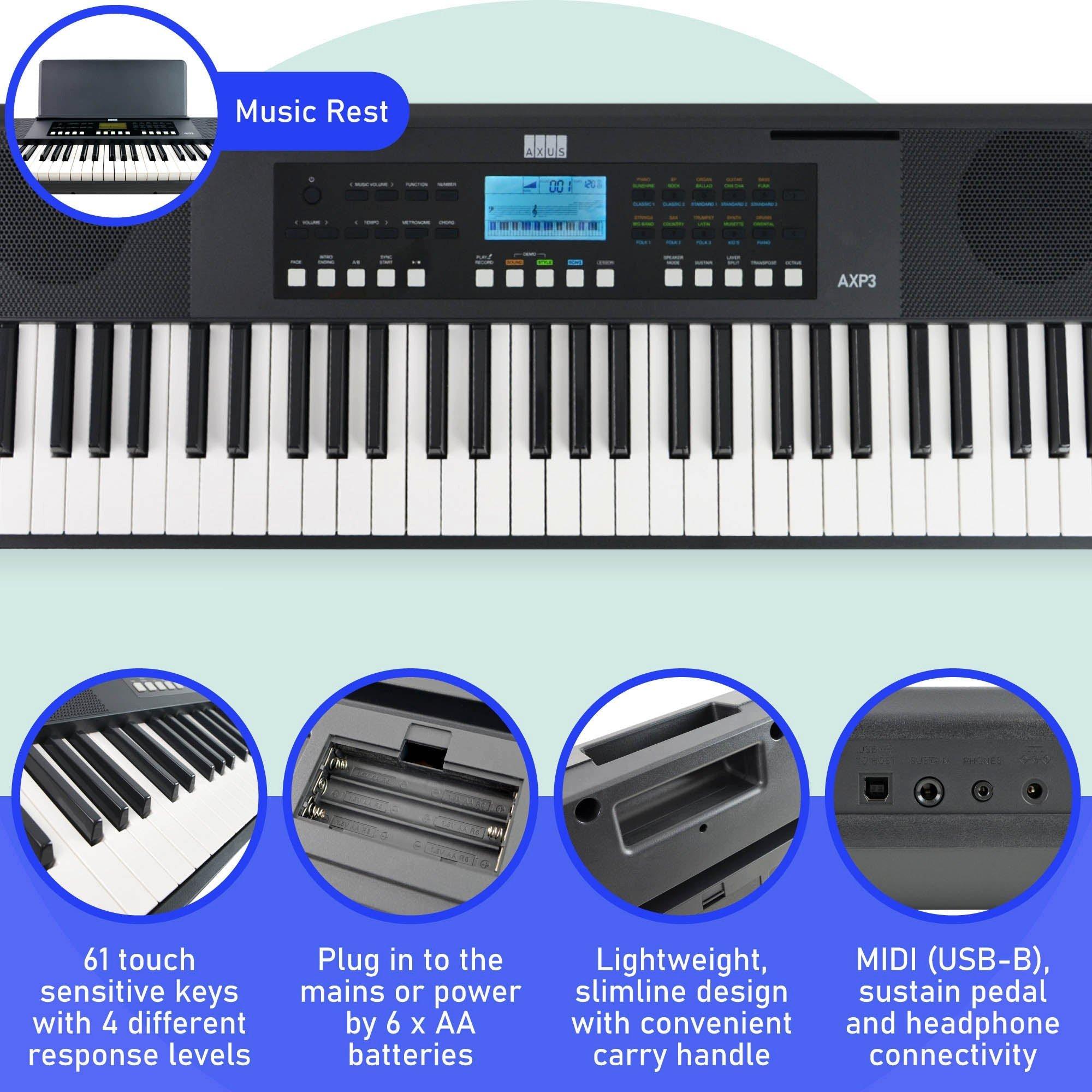 Black - Axus - 61 Note Slimline Portable Keyboard Pack - 2